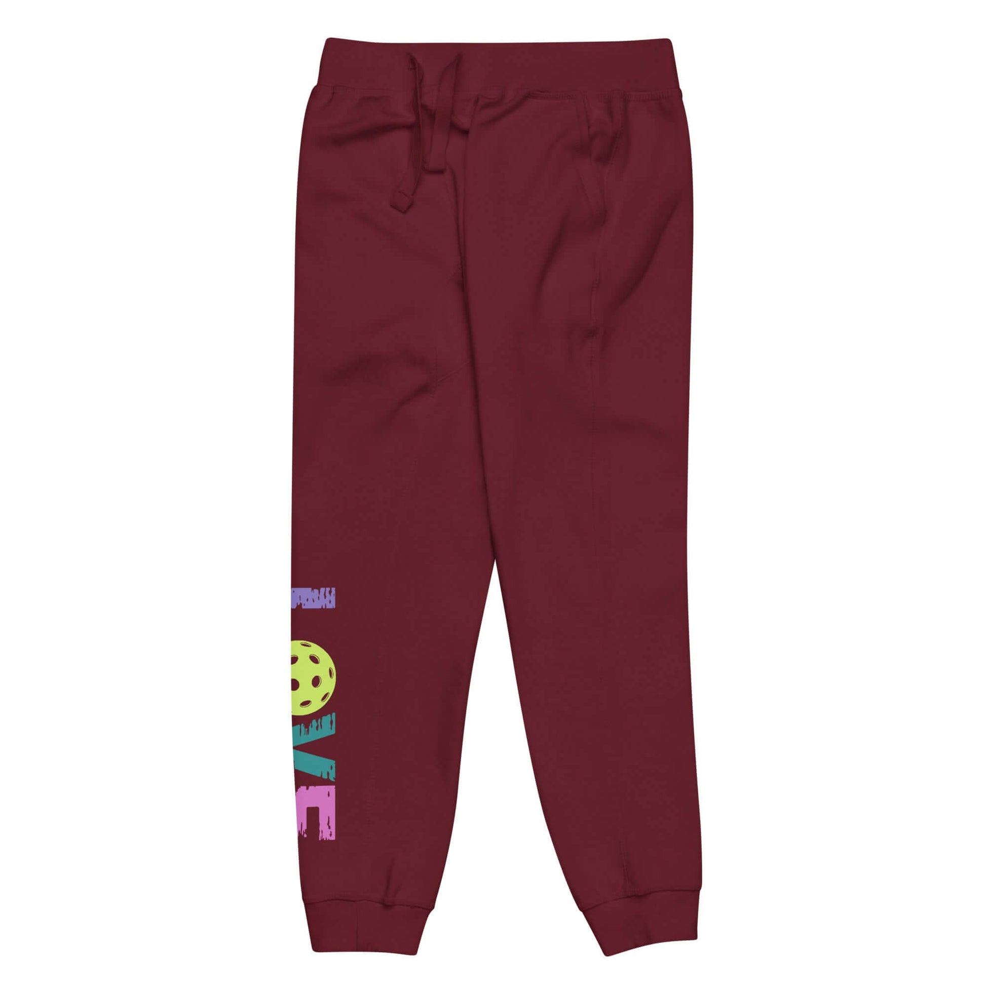 Women's LOVE Pickleball Fleece Sweatpants in burgundy with colorful pickleball print and comfort fit.