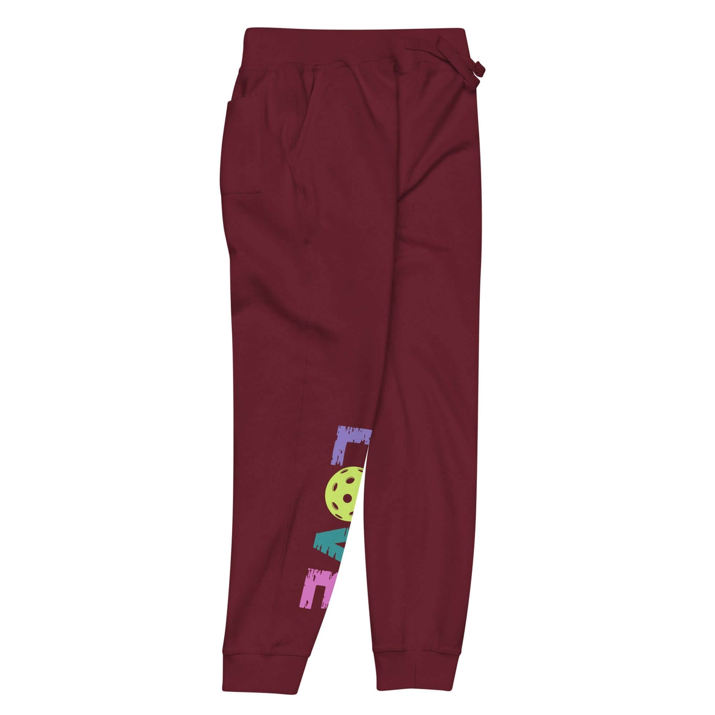 Women's burgundy LOVE Pickleball fleece sweatpants with playful graphics, perfect for comfort and style.