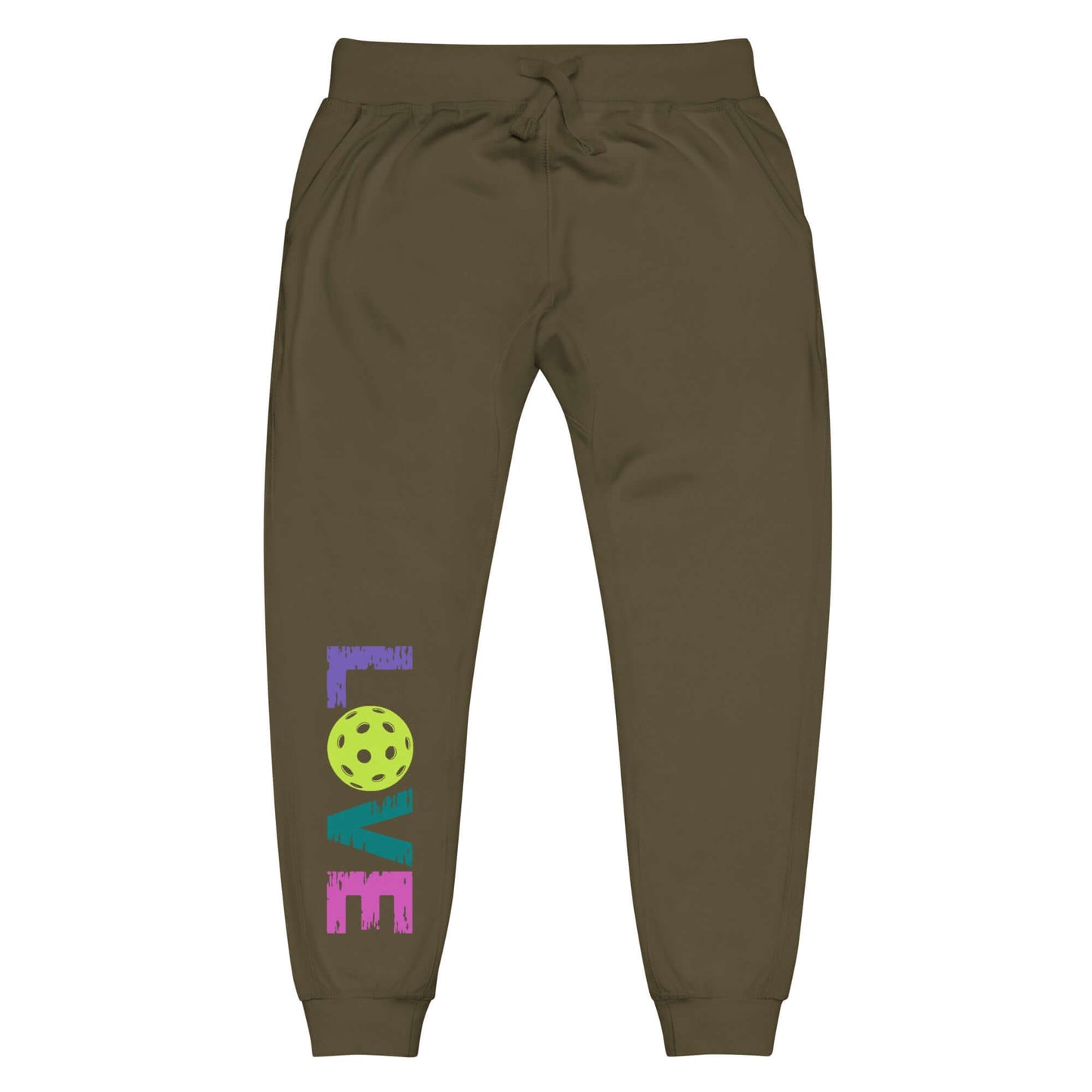 Women's olive green LOVE Pickleball fleece sweatpants with colorful graphic design.