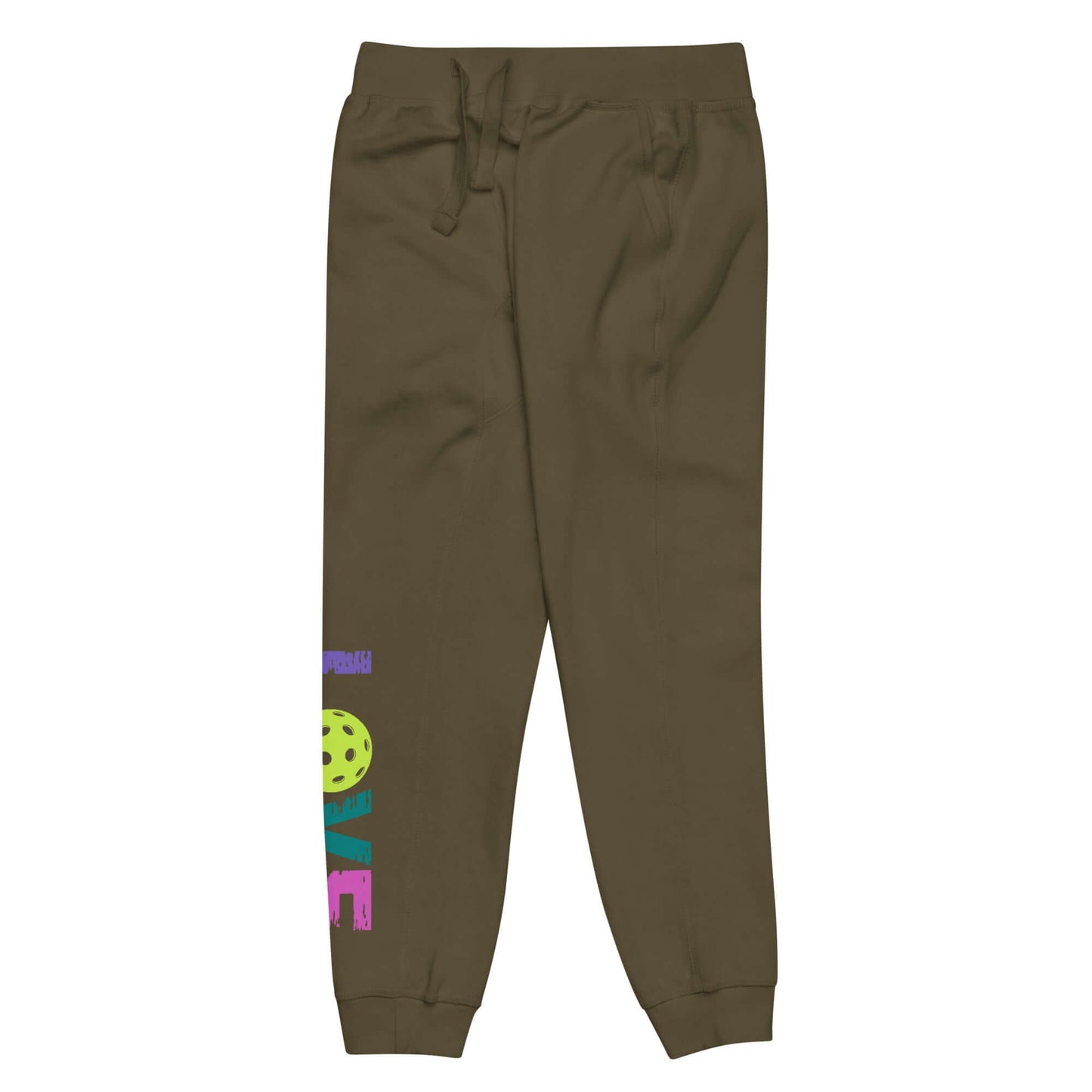 Women's olive fleece sweatpants featuring colorful LOVE Pickleball graphic.