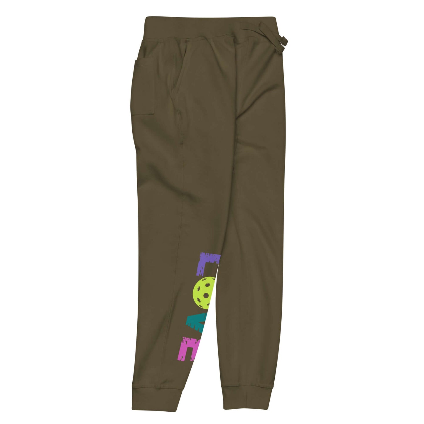 Women's olive fleece sweatpants with 'LOVE' graphic and pickleball design, perfect for casual wear and lounging.