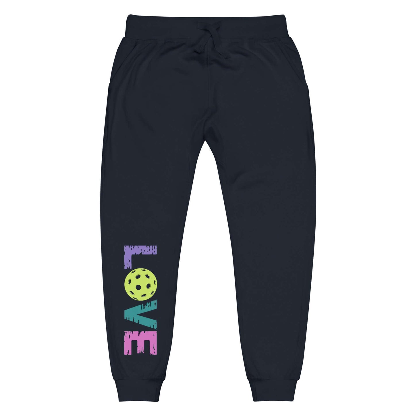 Women's LOVE Pickleball Fleece Sweatpants in navy with colorful LOVE lettering and pickleball graphic.