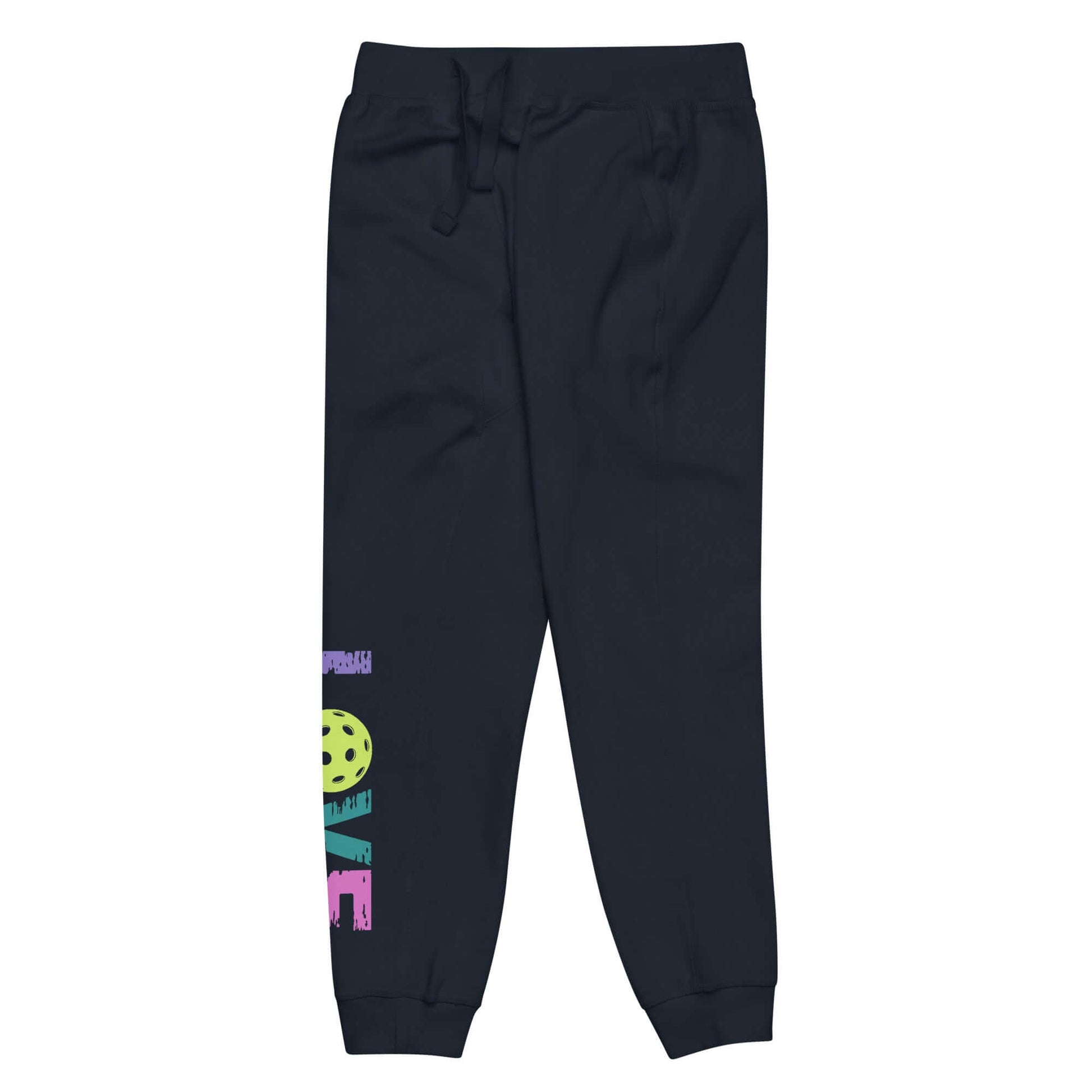 Women's LOVE Pickleball Fleece Sweatpants in navy with colorful pickleball graphic and relaxed fit.