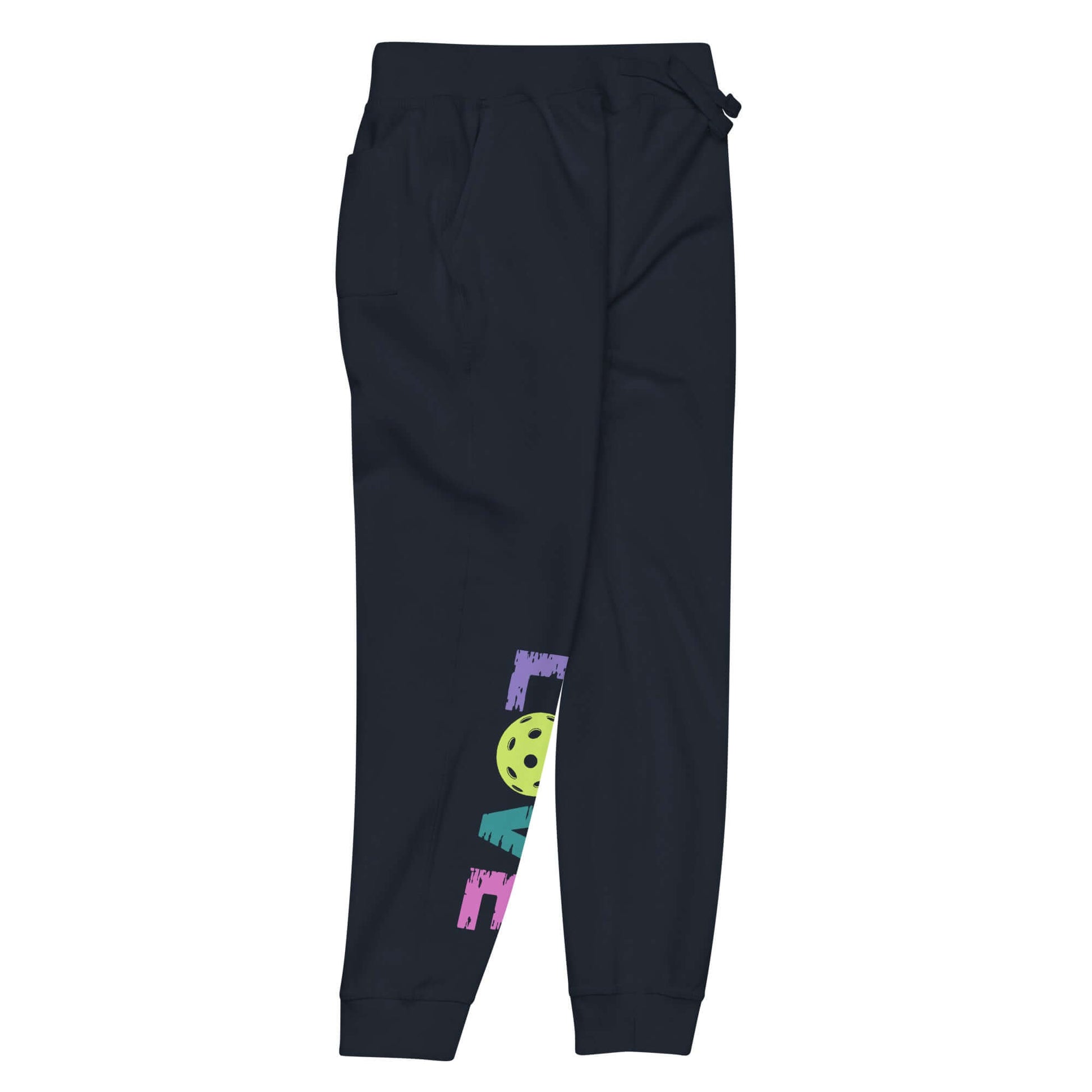 Women's LOVE Pickleball Fleece Sweatpants in navy, featuring a colorful pickleball design on the leg, ideal for comfort and style.