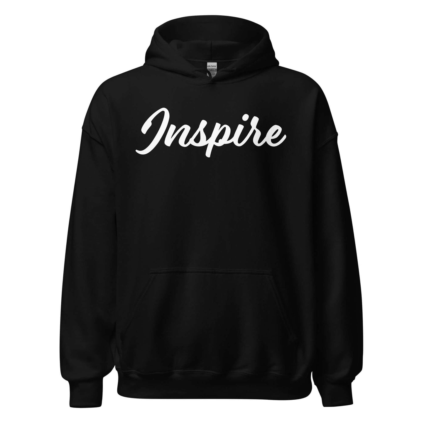 Black hoodie with the word 'Inspire' elegantly written in white script, perfect for comfort and motivation.