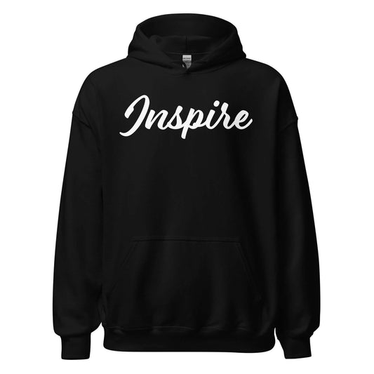 Black hoodie with the word 'Inspire' elegantly written in white script, perfect for comfort and motivation.