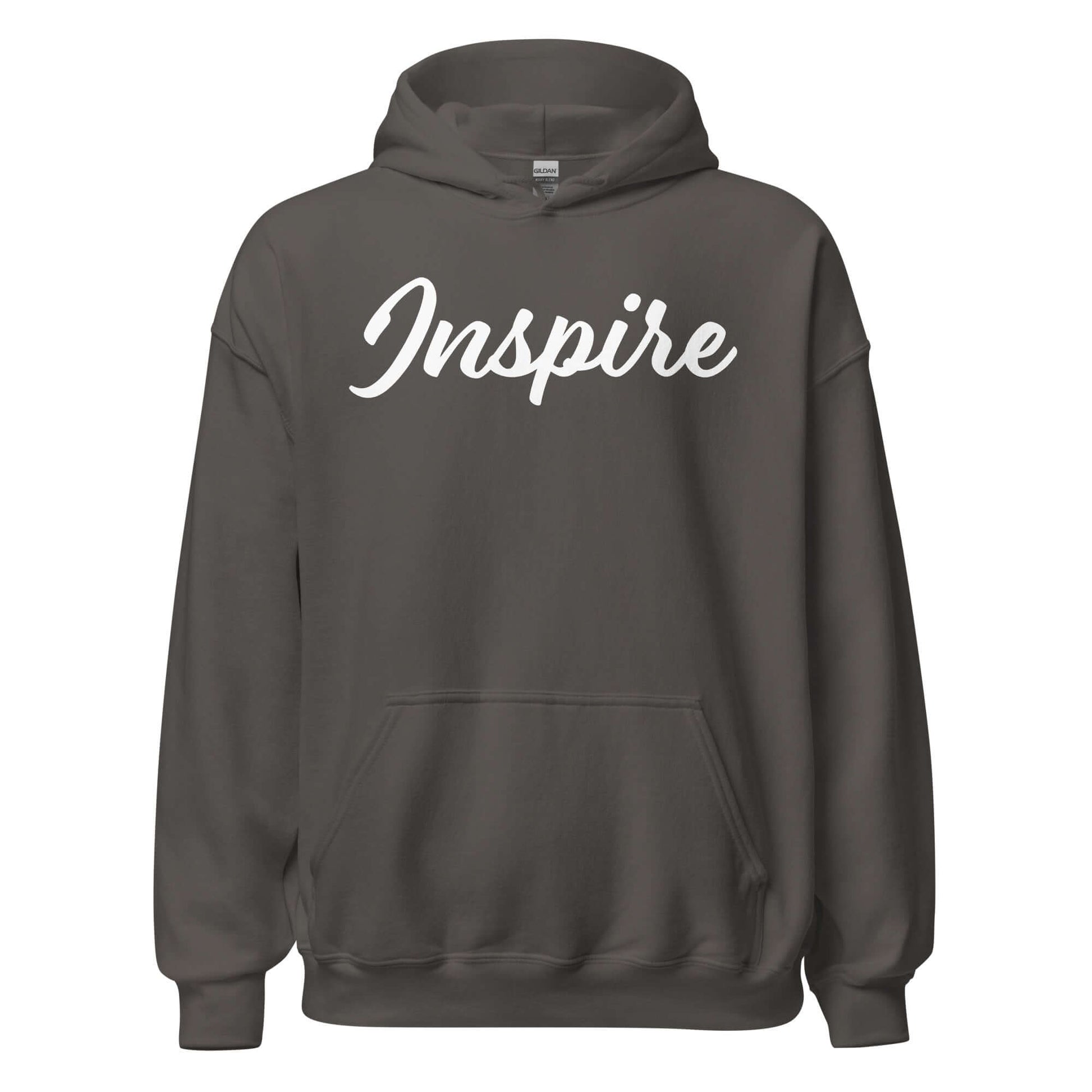 Elegantly Inspired Comfort Hoodie in olive green with 'Inspire' in flowing white script.