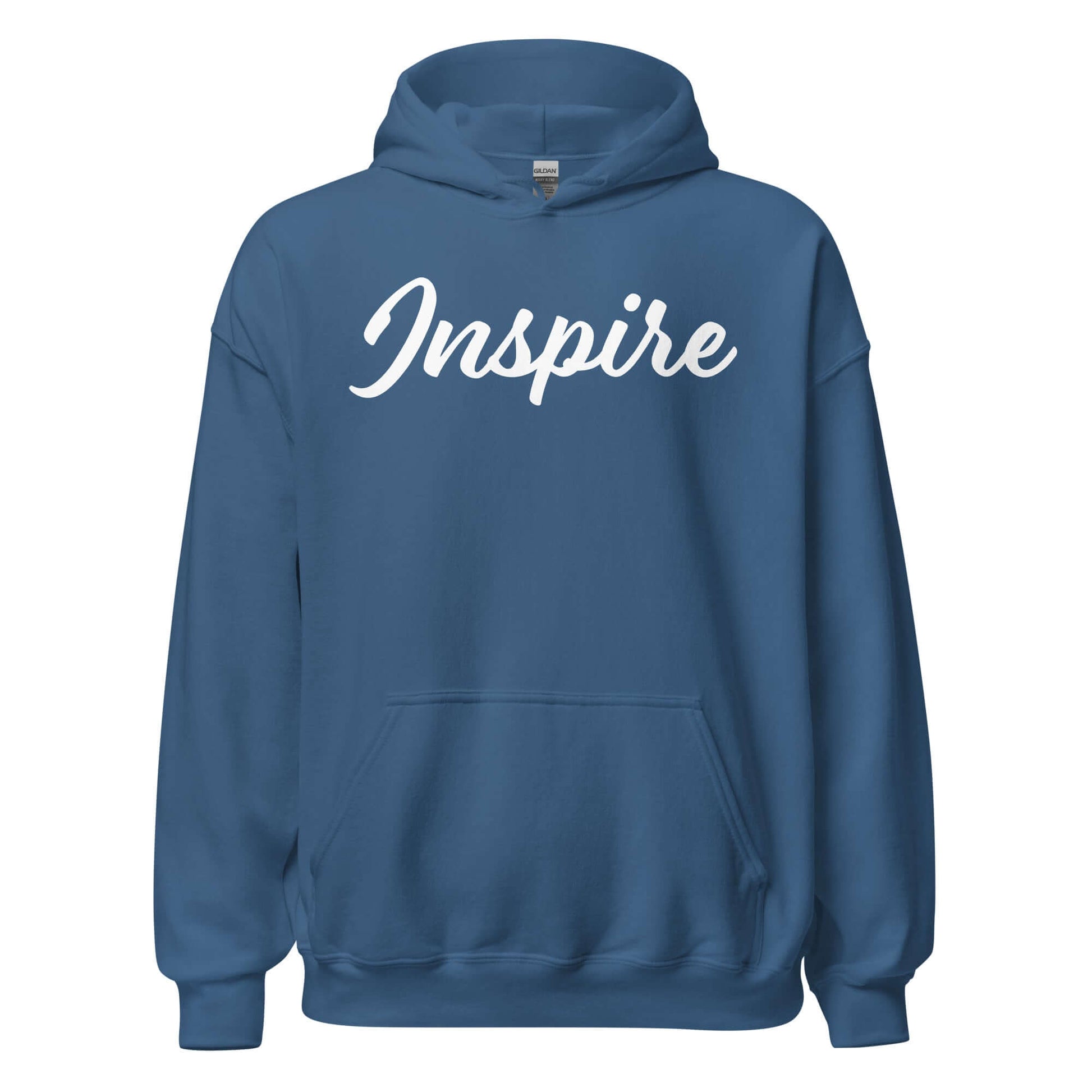 Elegantly Inspired Comfort Hoodie in blue with 'Inspire' script, perfect for motivation and style.