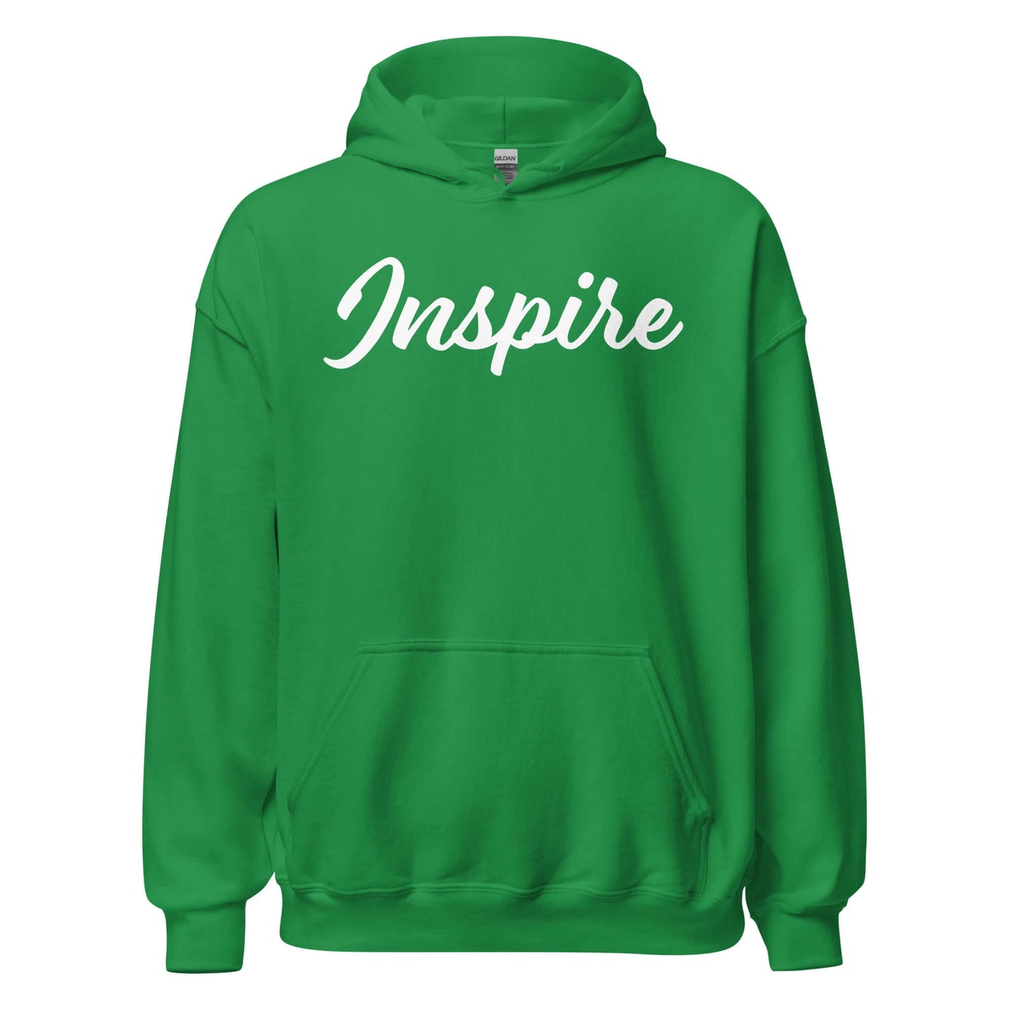 Green hoodie with 'Inspire' written in flowing script, combining comfort and motivational style.