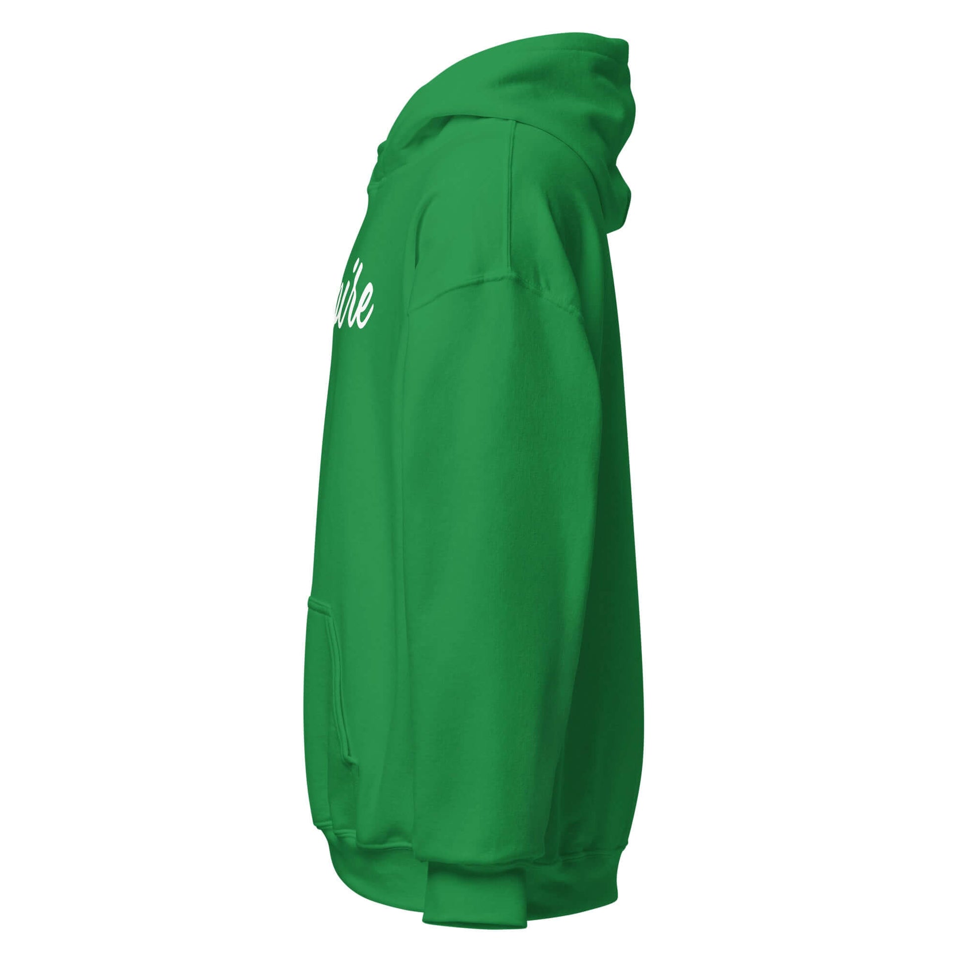 Side view of the green Elegantly Inspired Comfort Hoodie featuring the word 'Inspire' in flowing script.