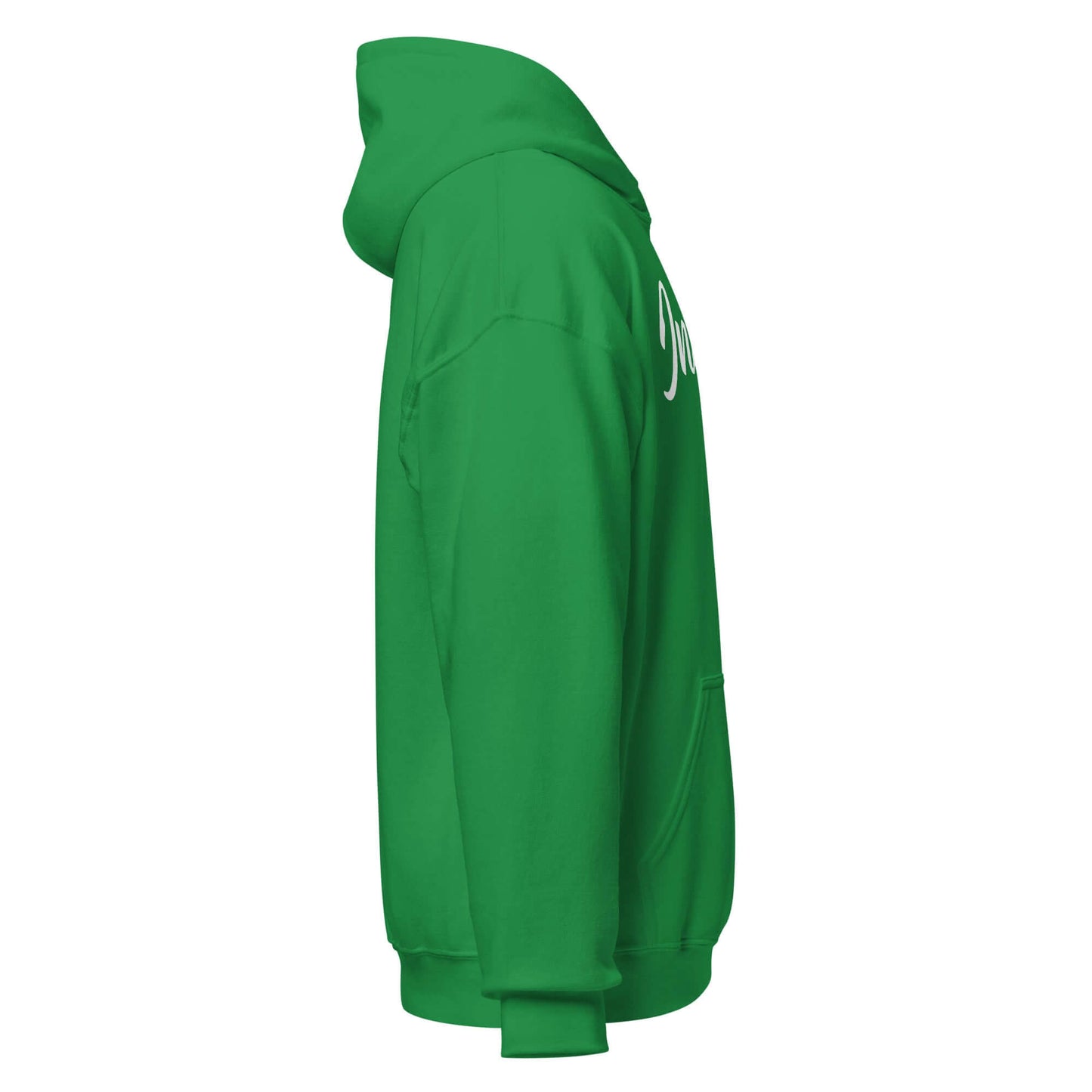 Side view of green Elegantly Inspired Comfort Hoodie with the word 'Inspire' in flowing script.