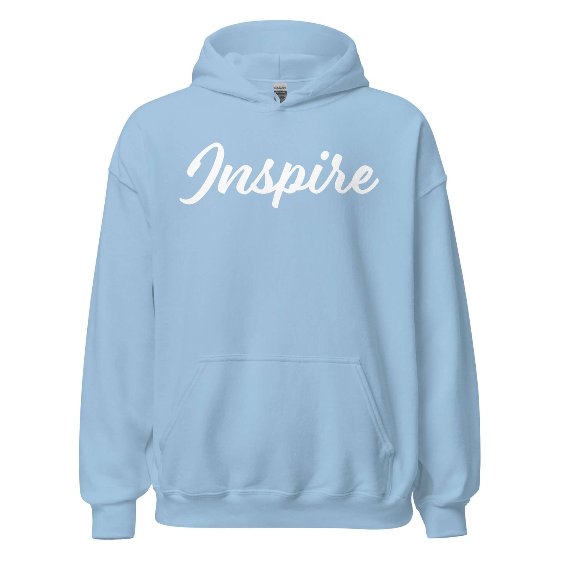 Light blue hoodie featuring the inspiring word 'Inspire' in elegant script, perfect for comfort and motivation.