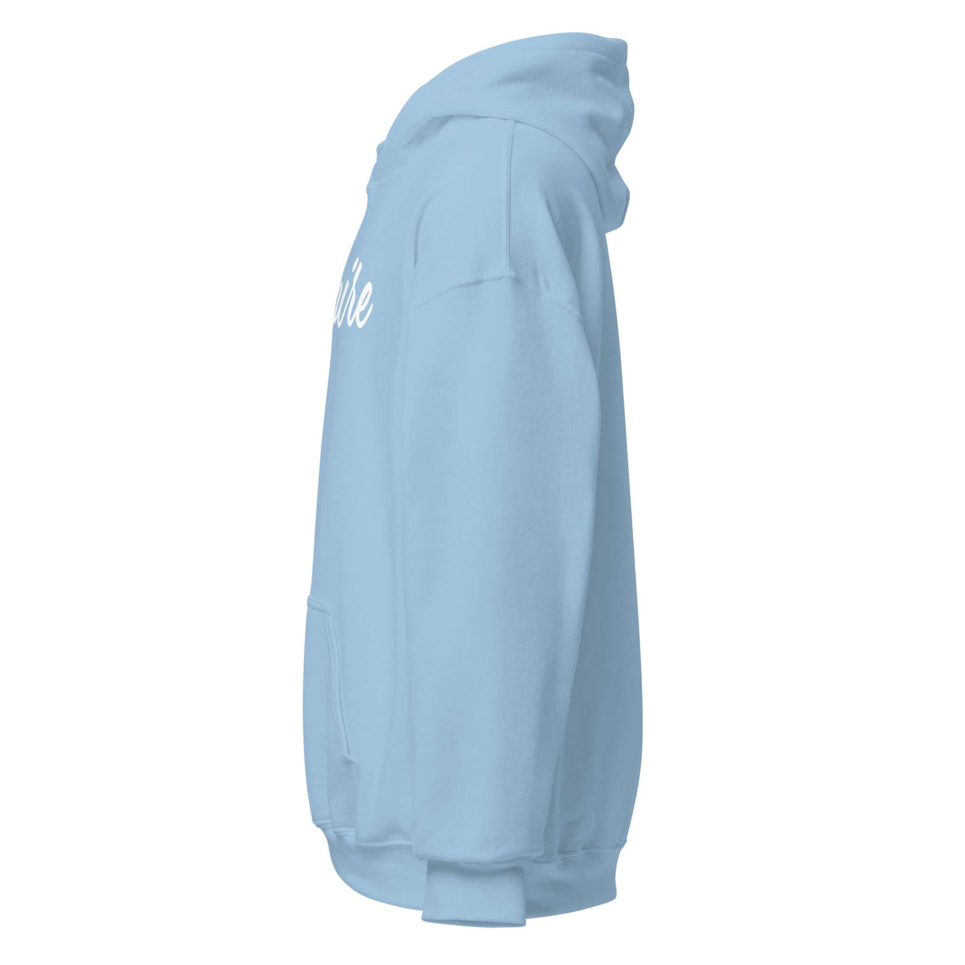 Side view of the light blue Elegantly Inspired Comfort Hoodie featuring the word 'Inspire' in flowing script.