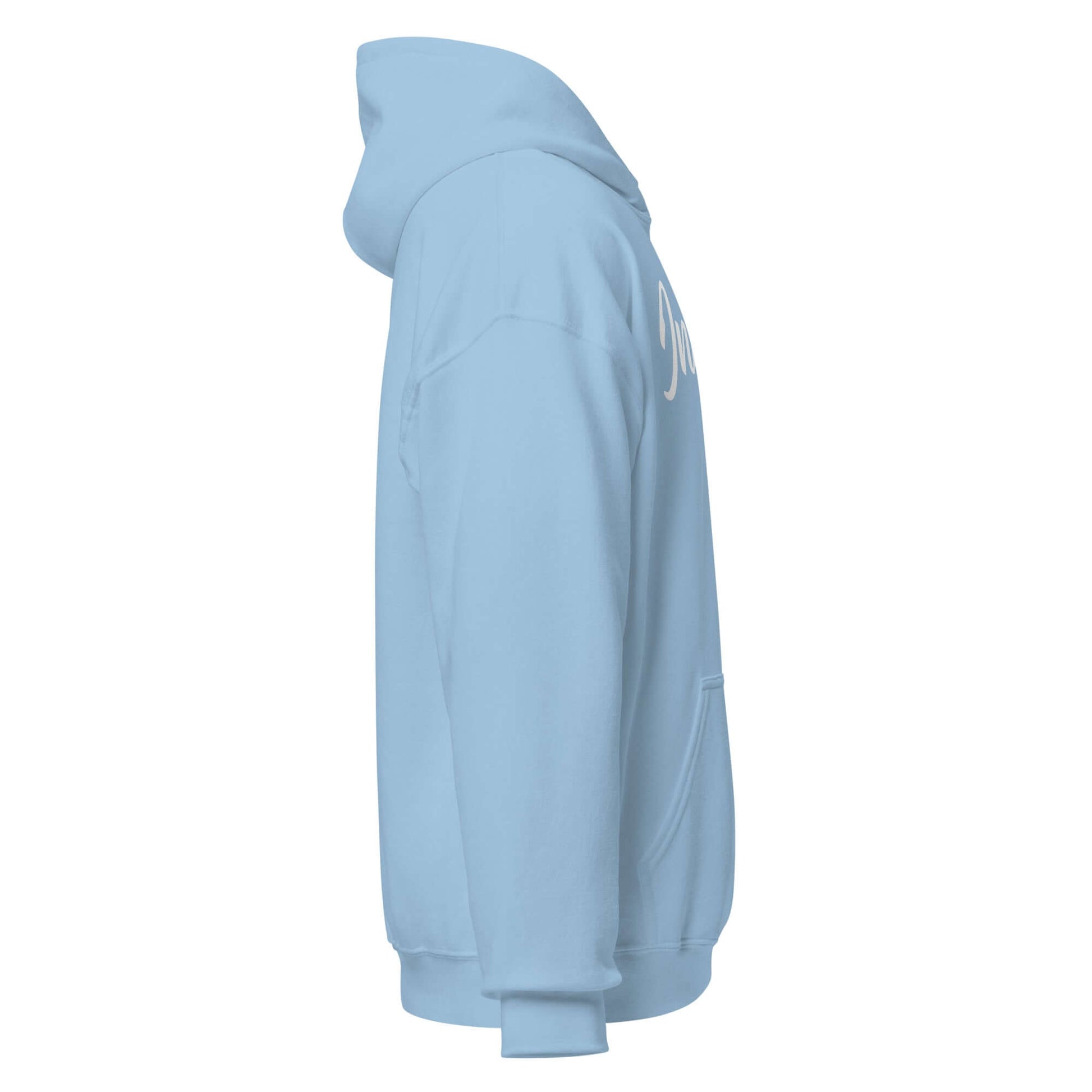 Side view of the Elegantly Inspired Comfort Hoodie in soft blue, featuring the word 'Inspire' in flowing script.