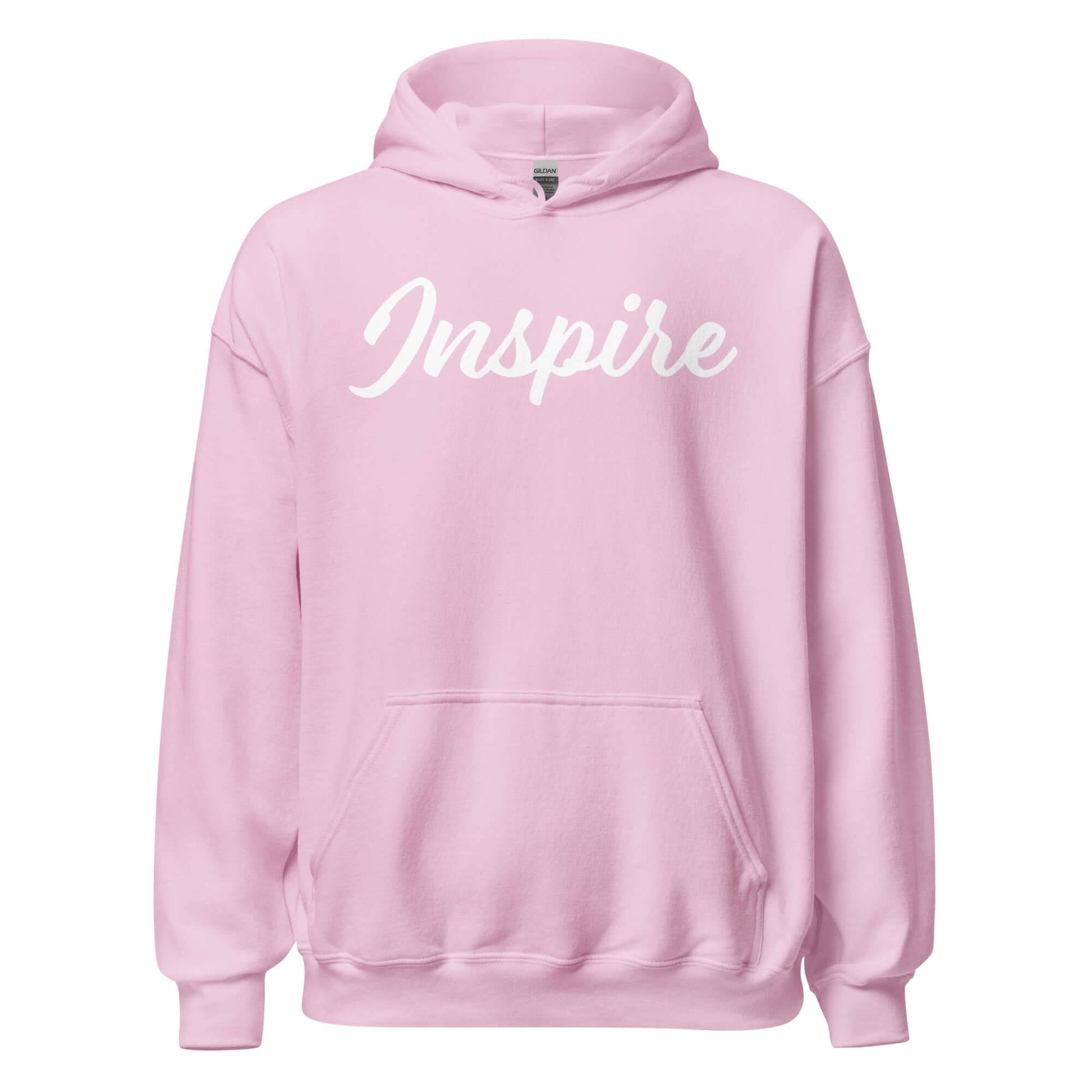 Stylish pink hoodie featuring the word 'Inspire' in flowing script, perfect for motivation and comfort.