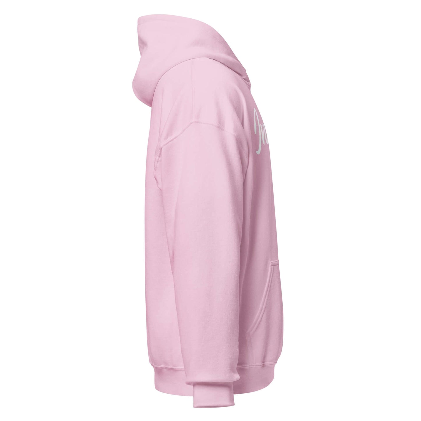 Side view of the pink Elegantly Inspired Comfort Hoodie featuring the word 'Inspire' on the front.