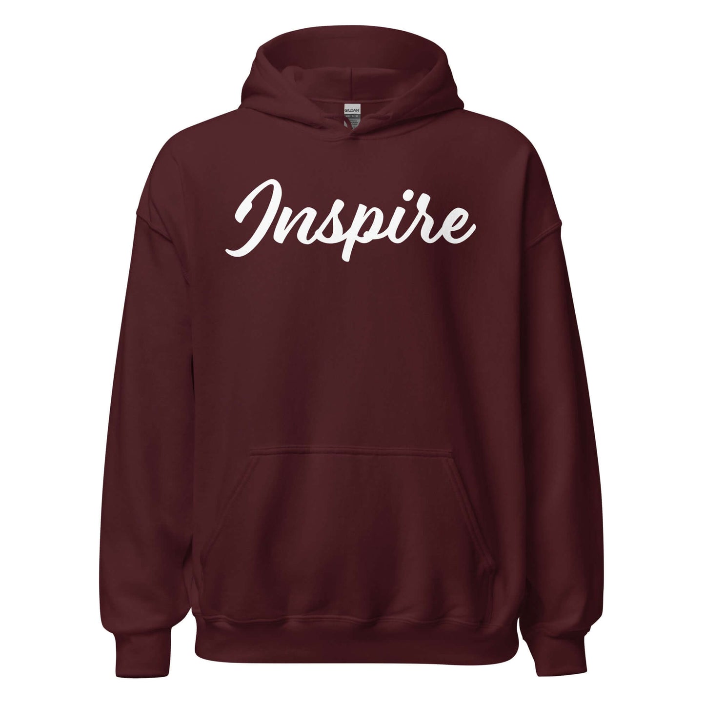 Elegantly Inspired Comfort Hoodie in burgundy with 'Inspire' written in white script.