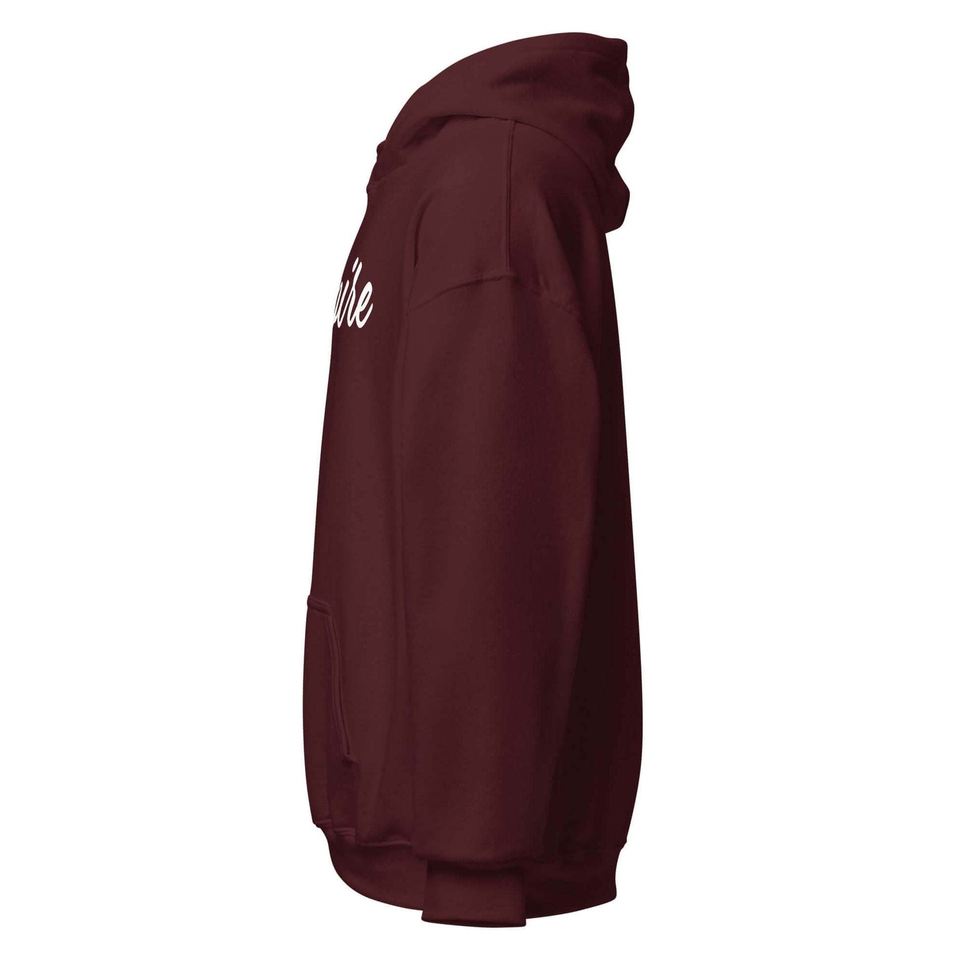 Side view of the Elegantly Inspired Comfort Hoodie in burgundy with 'Inspire' written in flowing script.