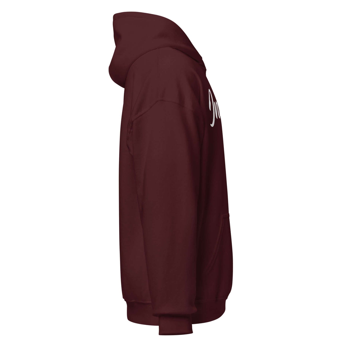 Side view of the Elegantly Inspired Comfort Hoodie in burgundy with the word 'Inspire' in script.