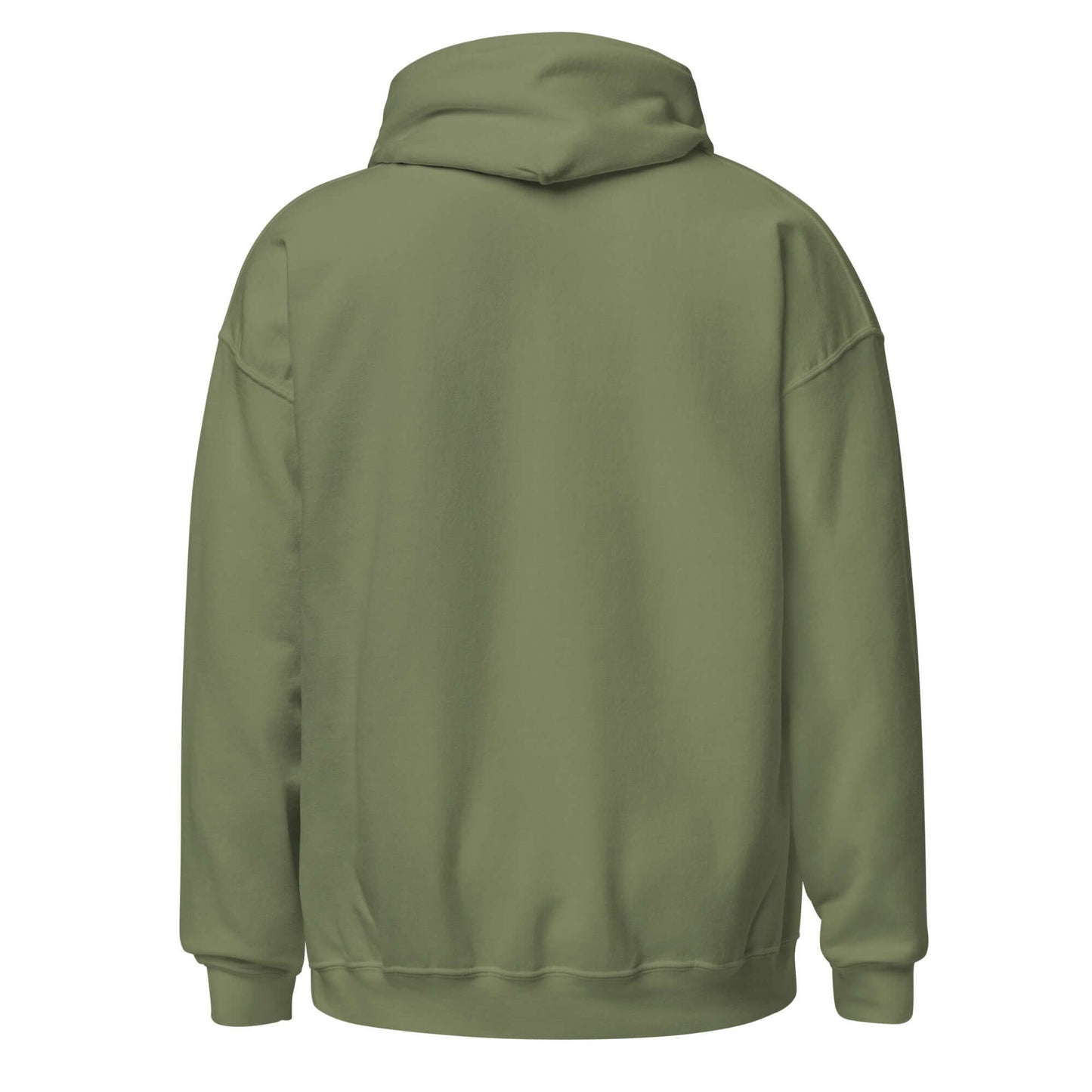 Back view of an olive green hoodie, showcasing its relaxed and comfortable design.