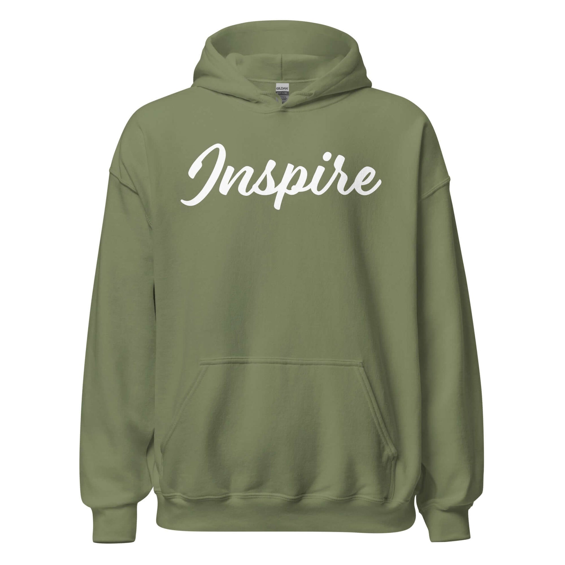 Elegant Comfort Hoodie in olive green with 'Inspire' script, blending style and motivation for daily wear.