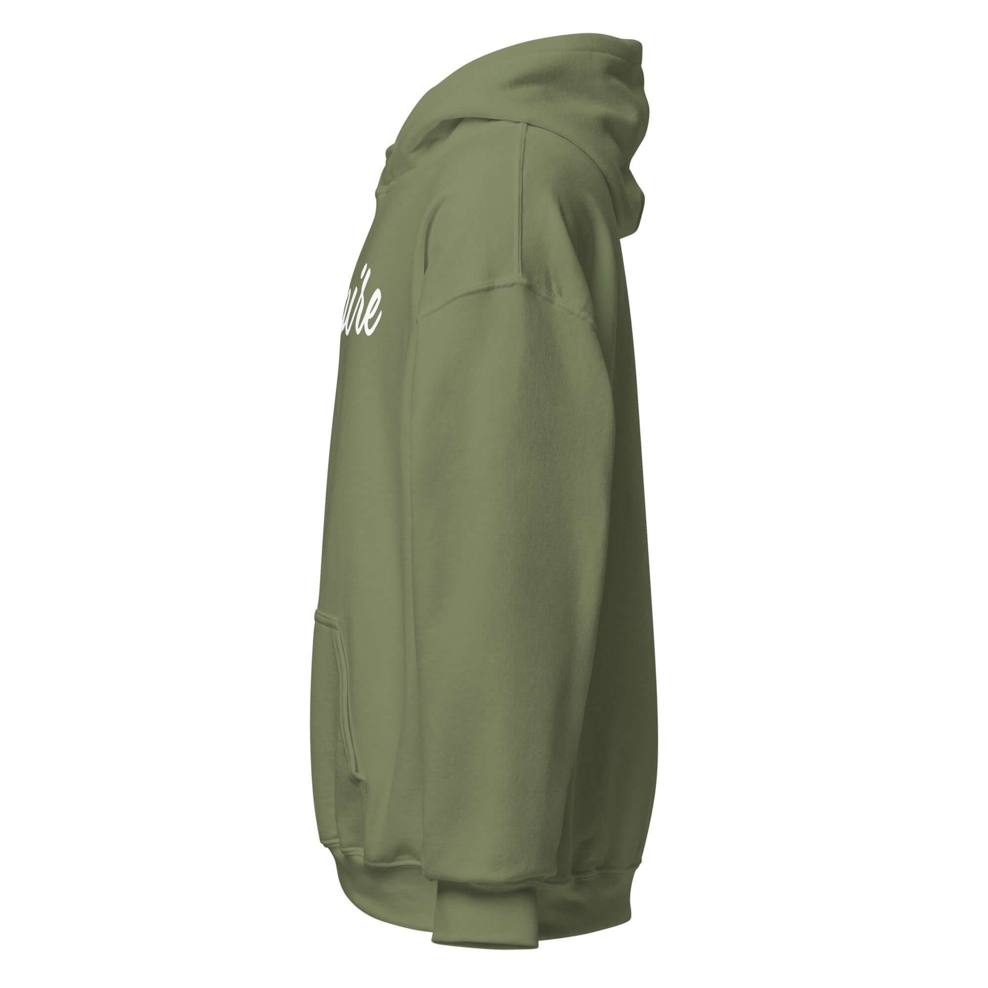 Side view of the Elegantly Inspired Comfort Hoodie in olive green with 'Inspire' script.