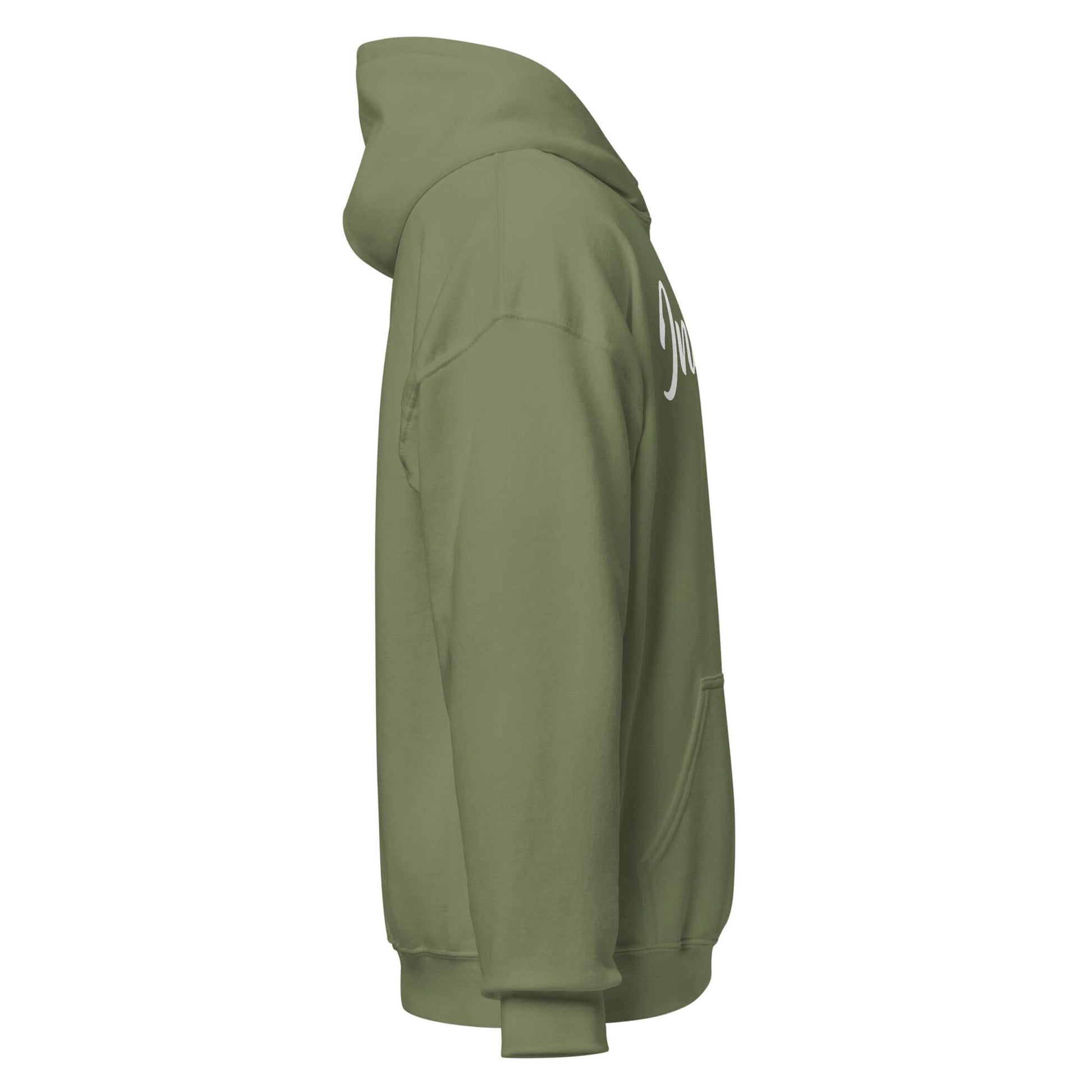 Side view of the Elegantly Inspired Comfort Hoodie in olive green, featuring the word 'Inspire' in flowing script.