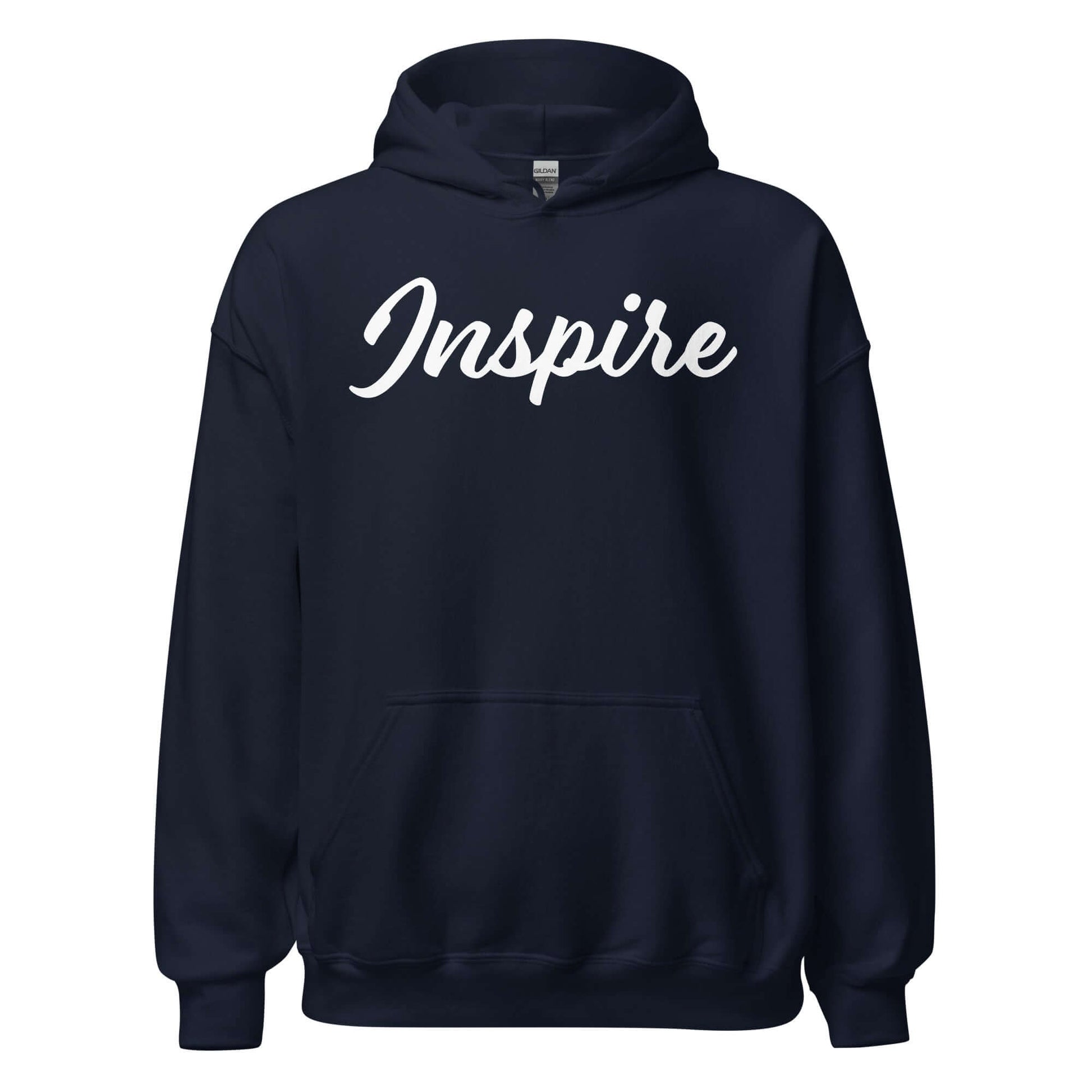 Elegantly Inspired Comfort Hoodie in navy with "Inspire" in flowing script for a stylish and motivational look.