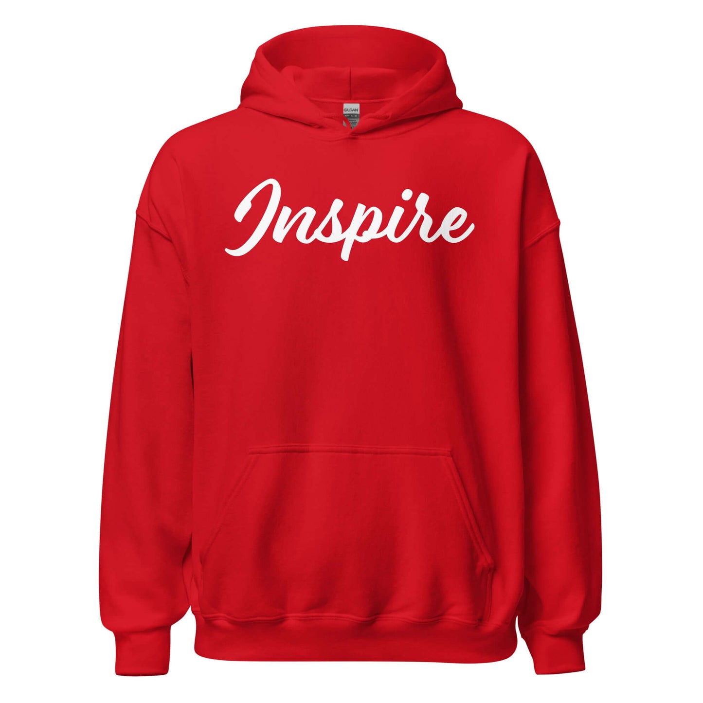 Red hoodie with the word 'Inspire' in flowing script, promoting comfort and positivity.