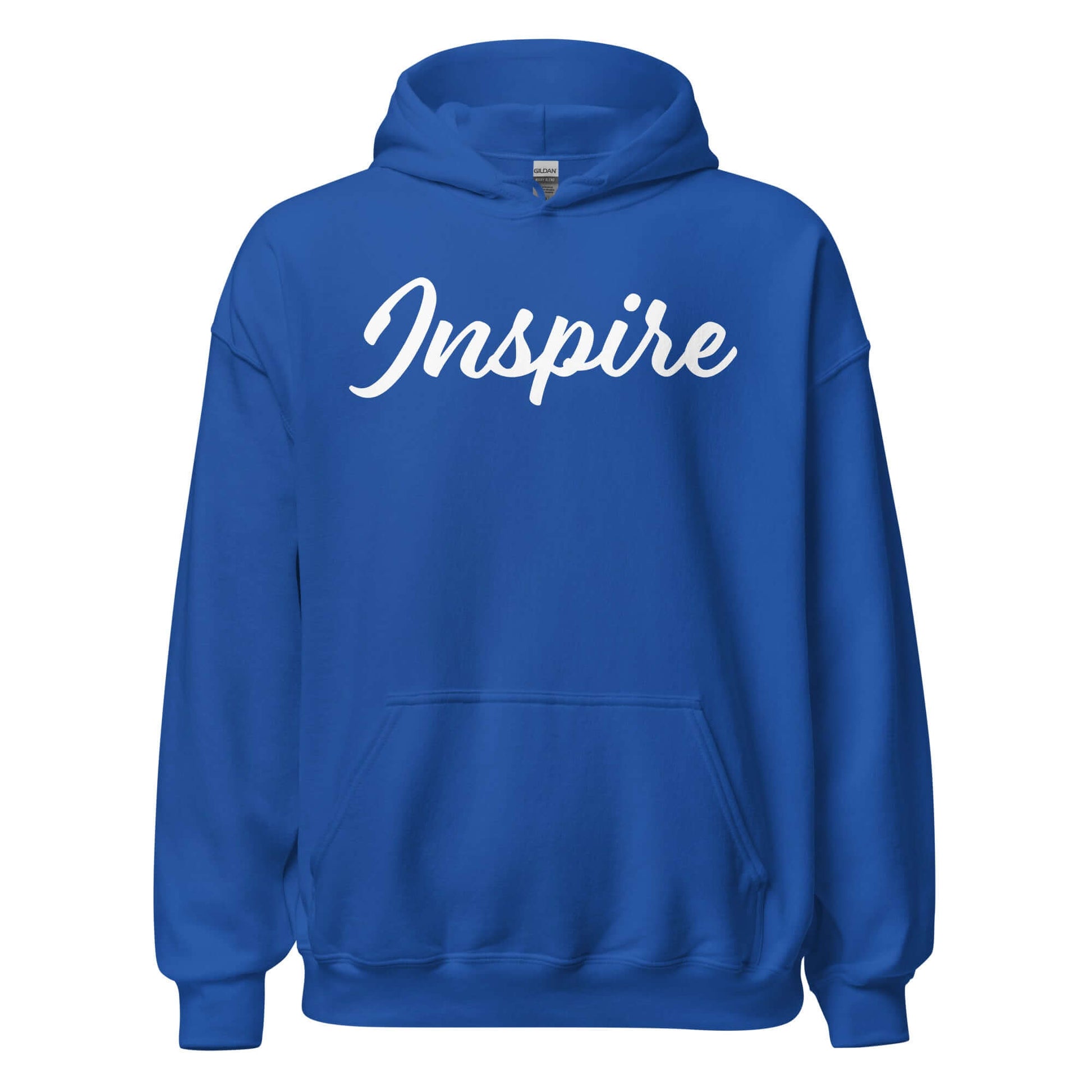 Blue hoodie featuring the inspiring word 'Inspire' in flowing script, promoting comfort and positivity.