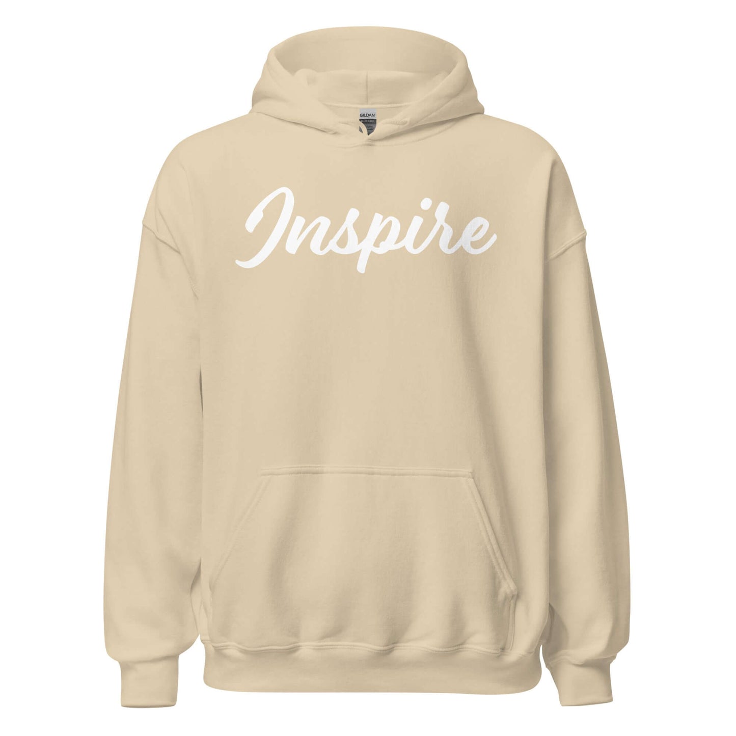 Elegantly Inspired Comfort Hoodie in beige with 'Inspire' script design, perfect for comfort and motivation.