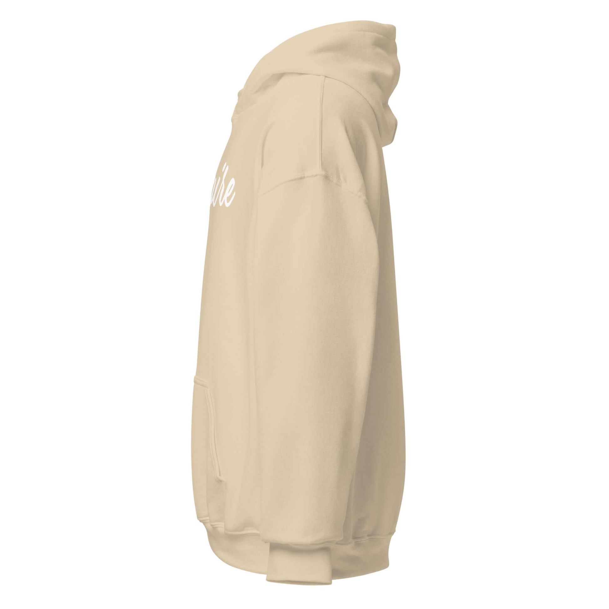 Side view of the Elegantly Inspired Comfort Hoodie in beige, featuring the word 'Inspire' in flowing script.