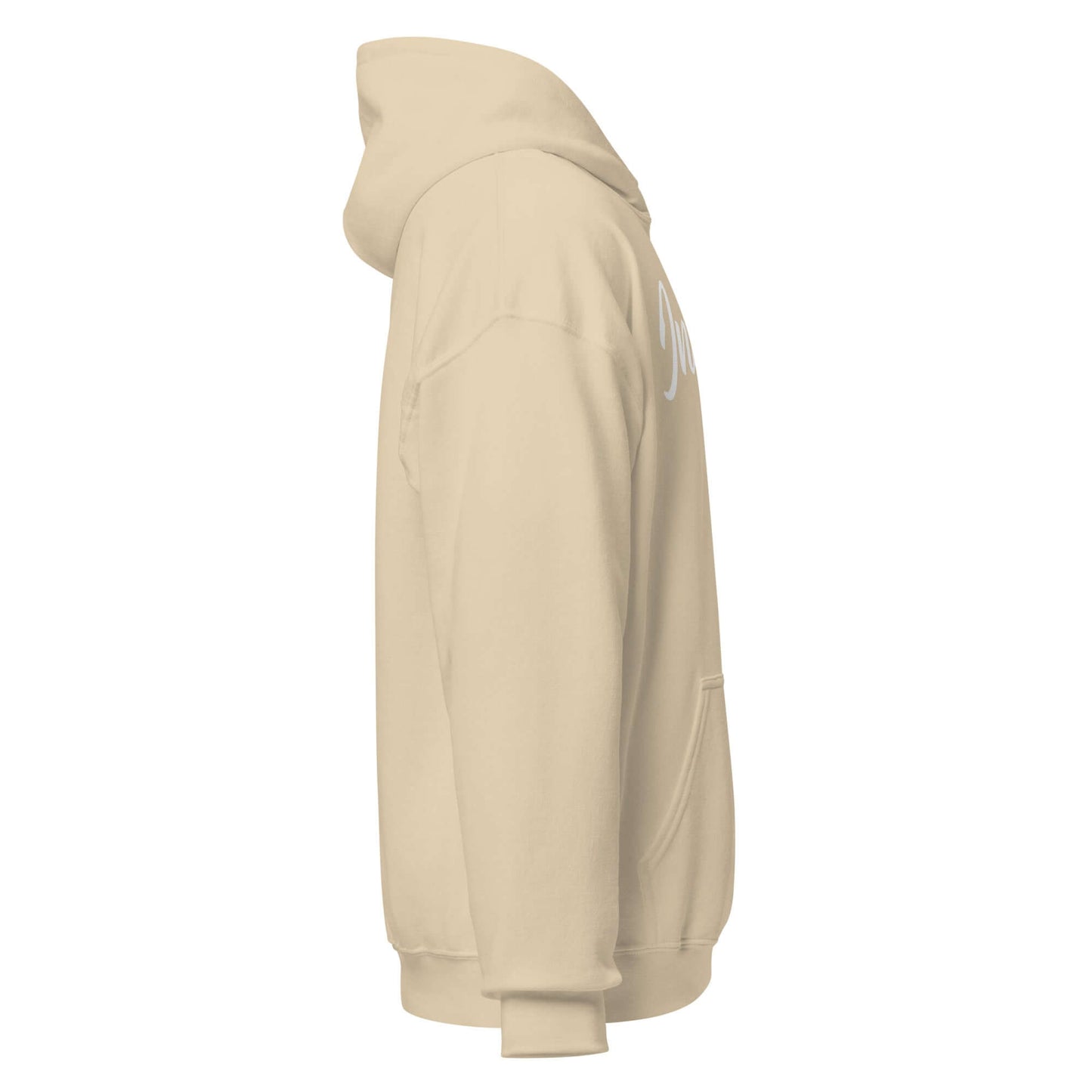 Side view of Elegantly Inspired Comfort Hoodie in beige with 'Inspire' written in flowing script.