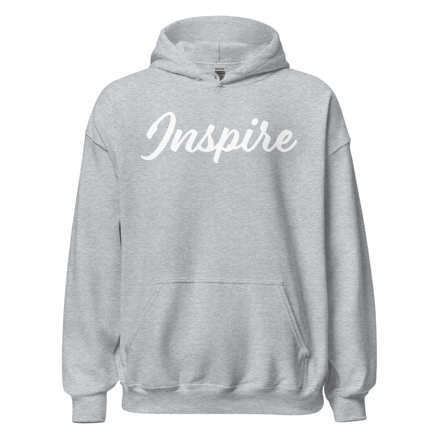 Gray hoodie featuring the word 'Inspire' in elegant script for motivational comfort and style.