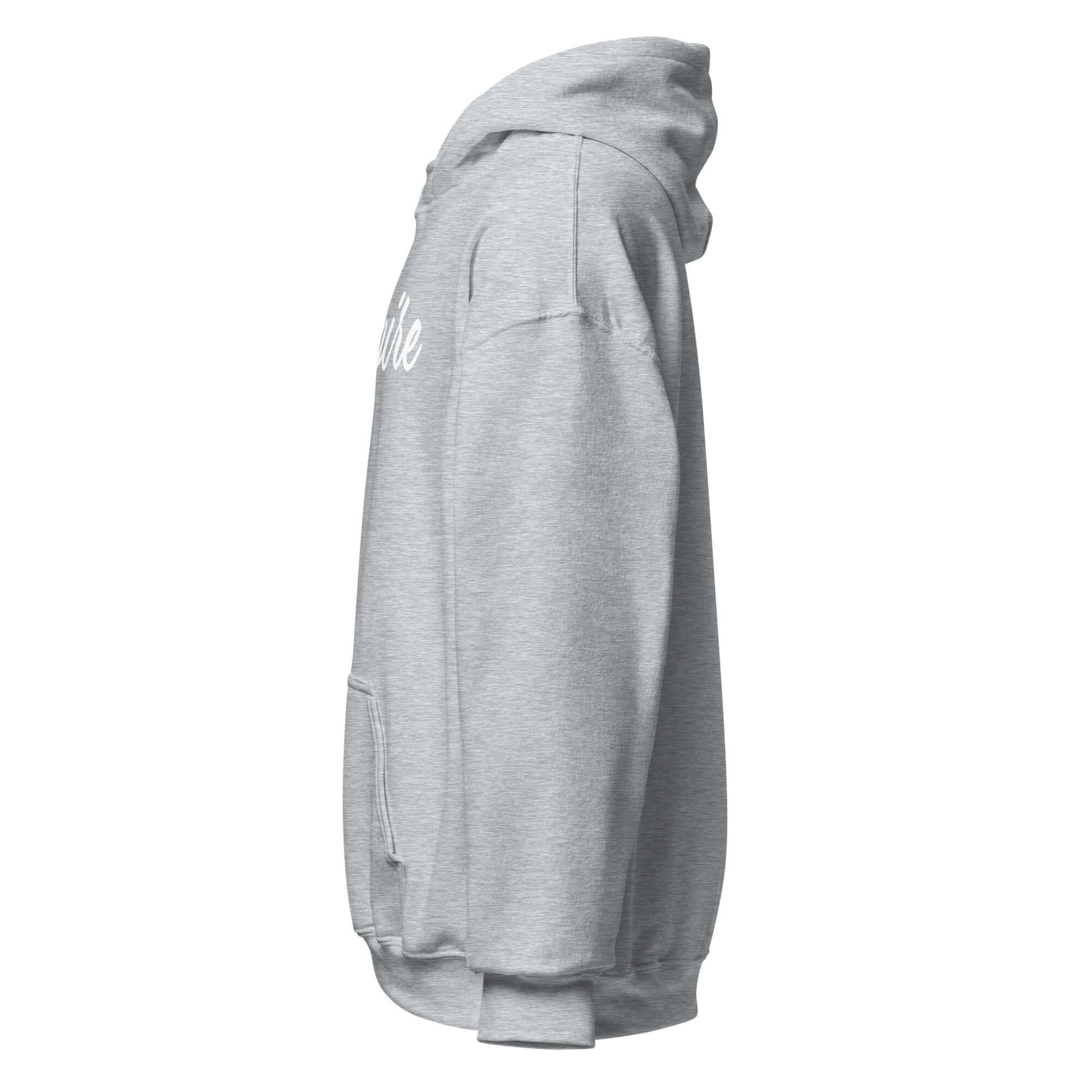 Side view of the Elegantly Inspired Comfort Hoodie in gray with 'Inspire' printed in flowing script.