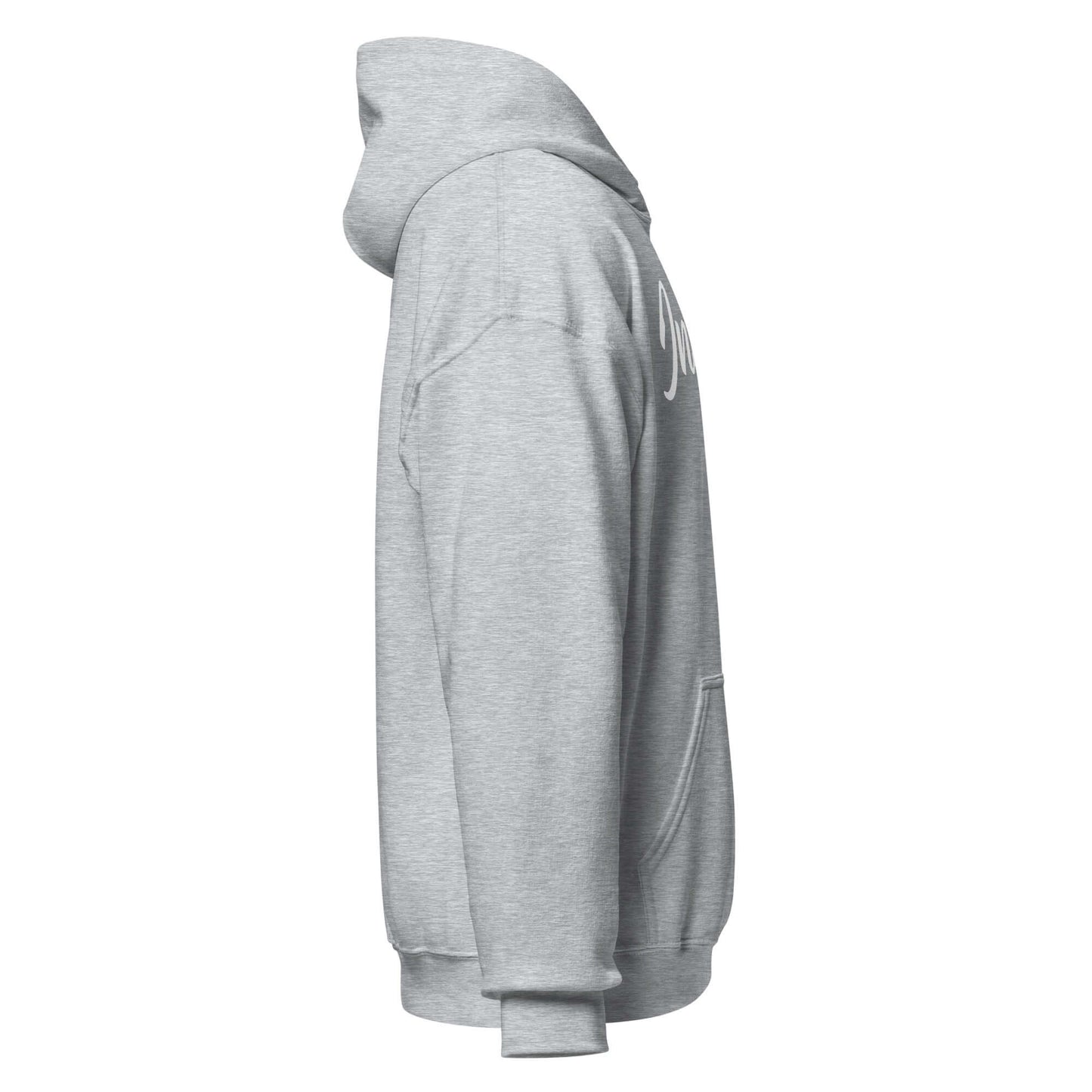 Side view of the Elegantly Inspired Comfort Hoodie in gray, featuring the word 'Inspire' in stylish script.