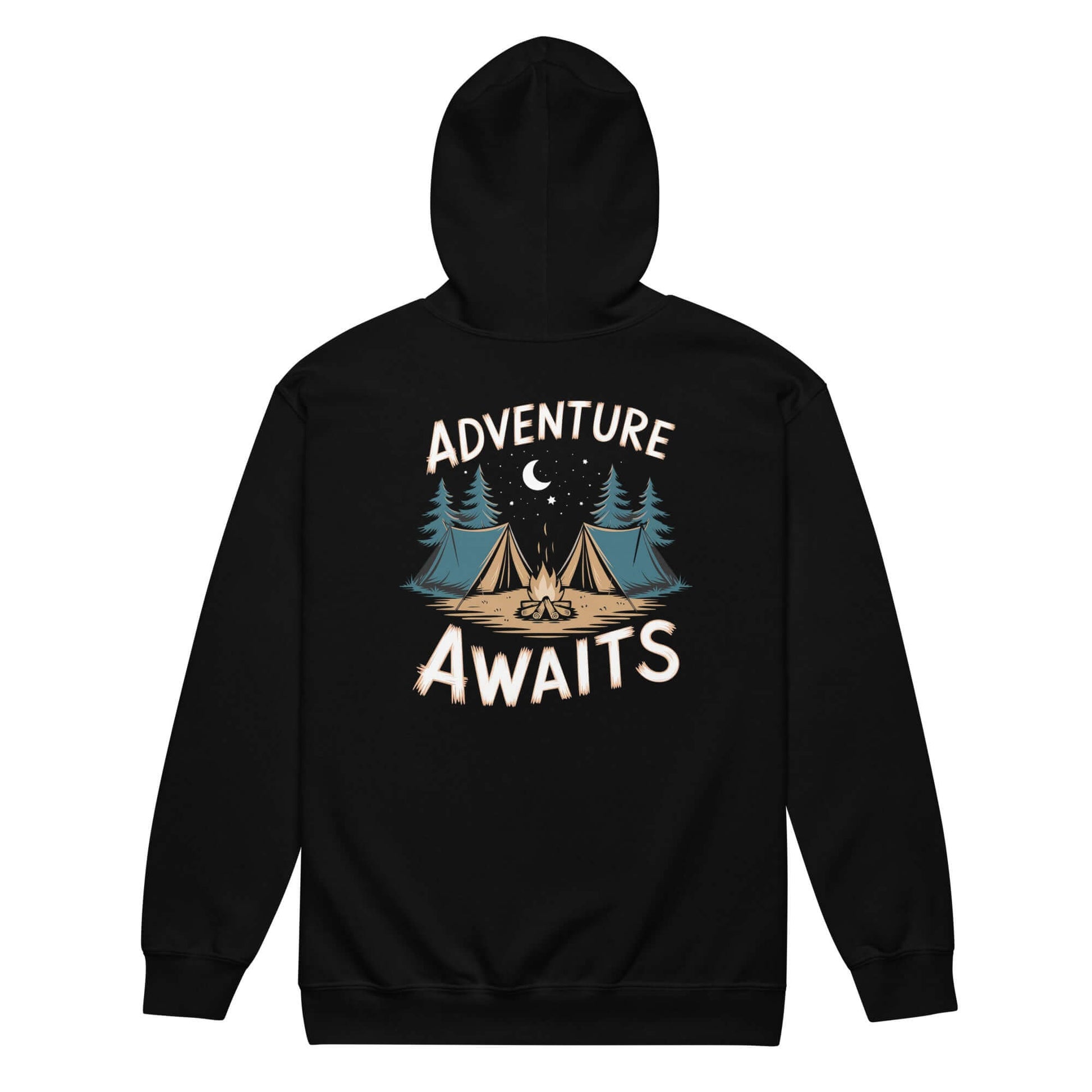 Black zip hoodie with 'Adventure Awaits' design featuring tents and trees, perfect for camping enthusiasts.