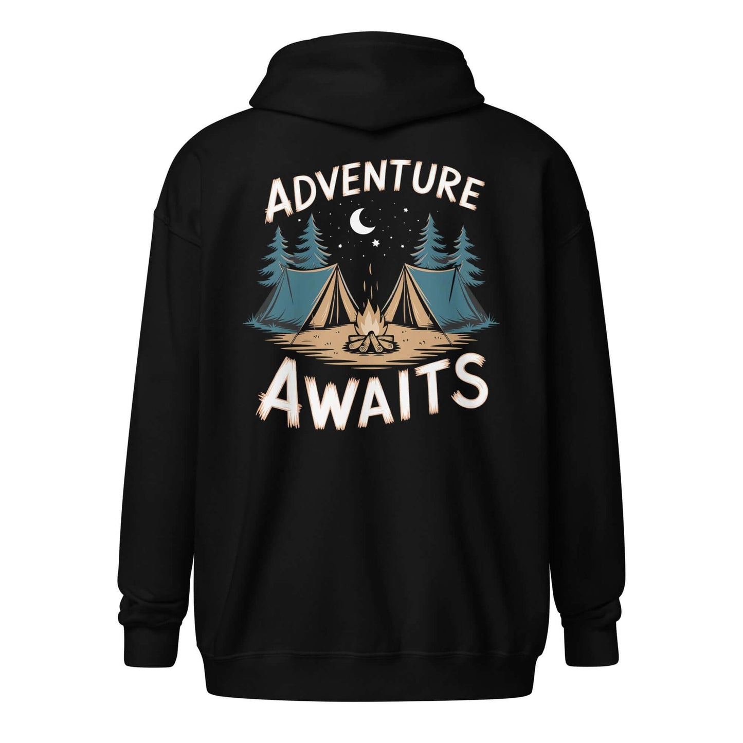 Adult unisex heavy blend zip hoodie featuring 'Adventure Awaits' graphic with camping tents and trees on back.