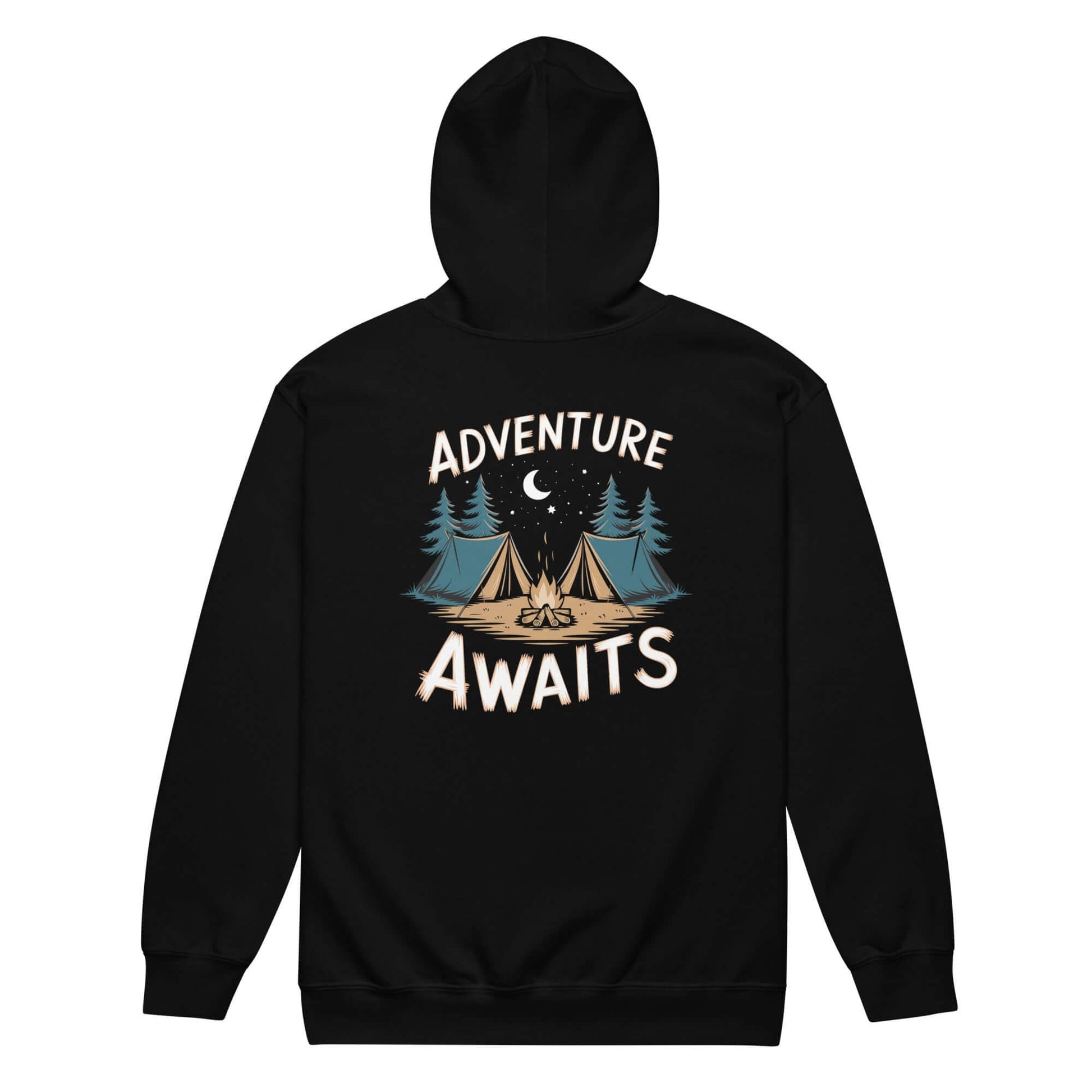 Black zip hoodie featuring 'Adventure Awaits' graphic with tents and trees, perfect for outdoor enthusiasts.