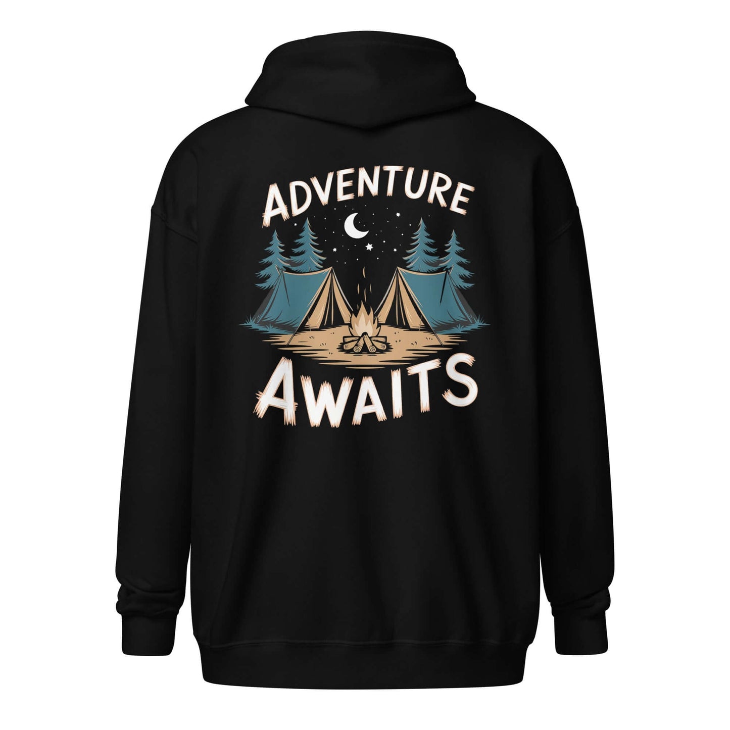 Adult unisex black hoodie with camping design featuring the text 'Adventure Awaits' on the back.