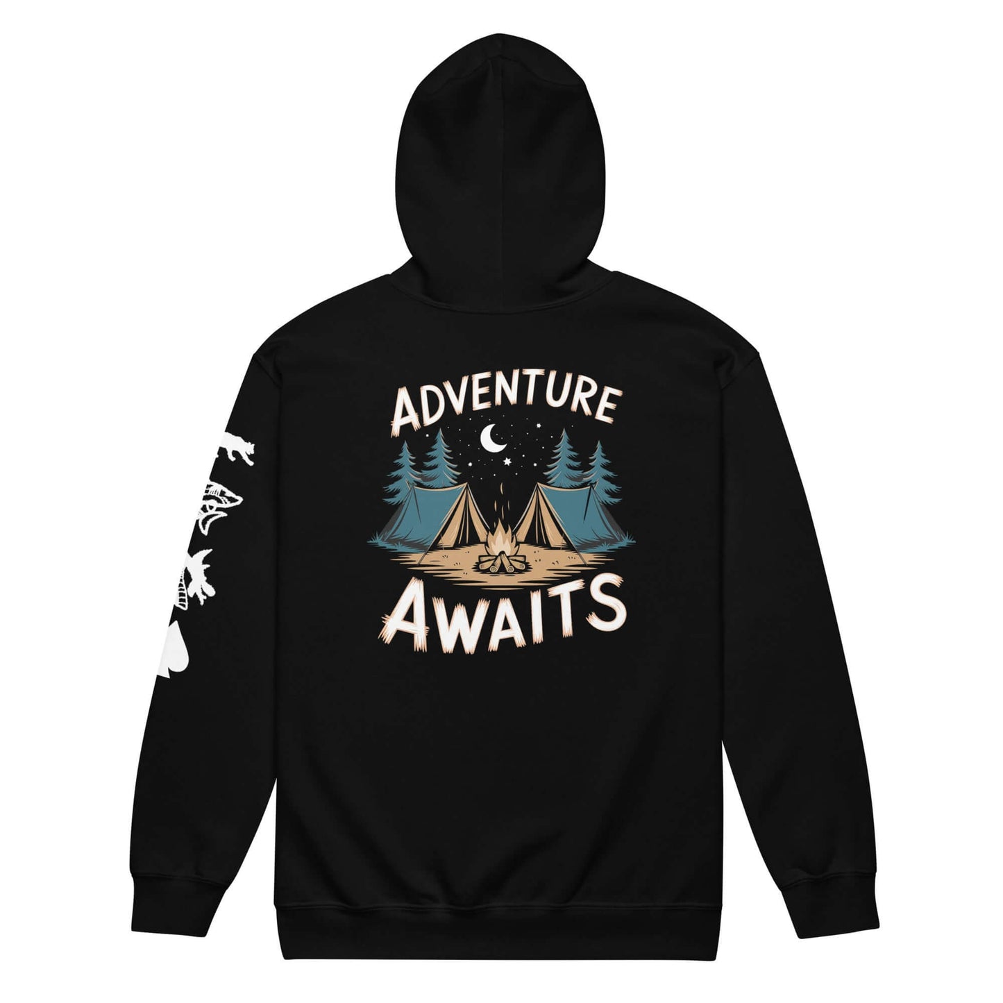 Black hoodie with 'Adventure Awaits' graphic and tents design, perfect for camping enthusiasts.