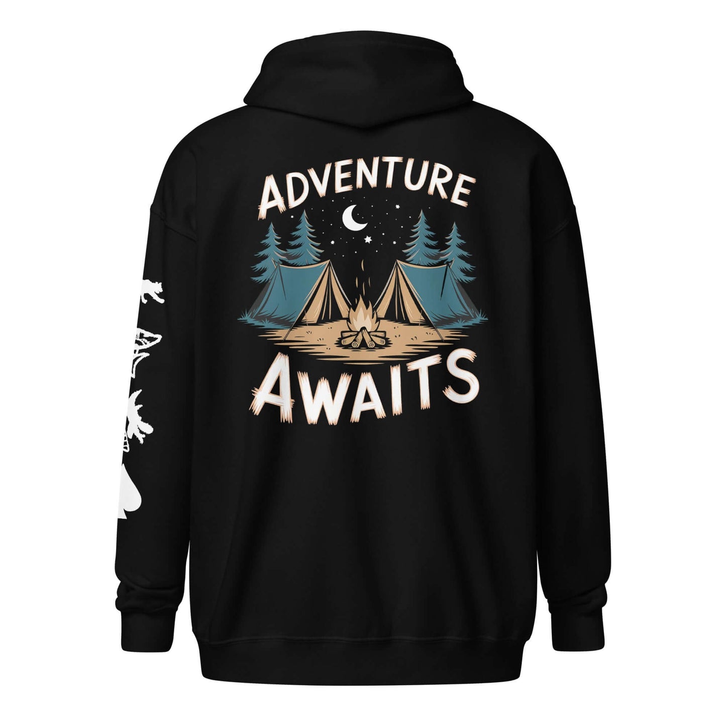 Black zip hoodie with 'Adventure Awaits' design and camping scene, perfect for outdoor enthusiasts.