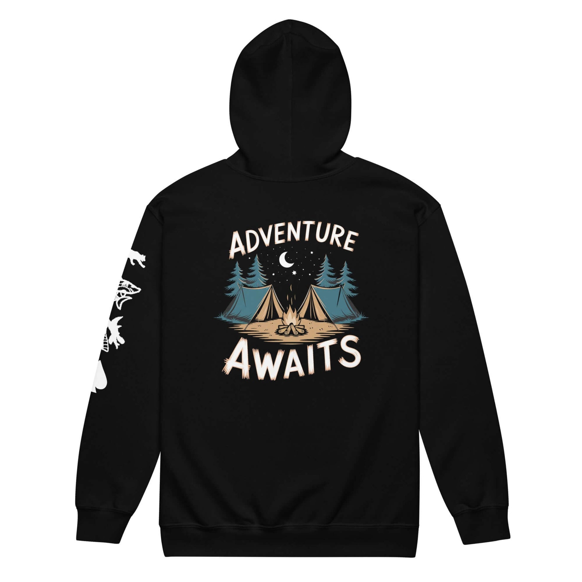 Adult Unisex Heavy Blend Zip Hoodie featuring Adventure Awaits design with tents and stars.