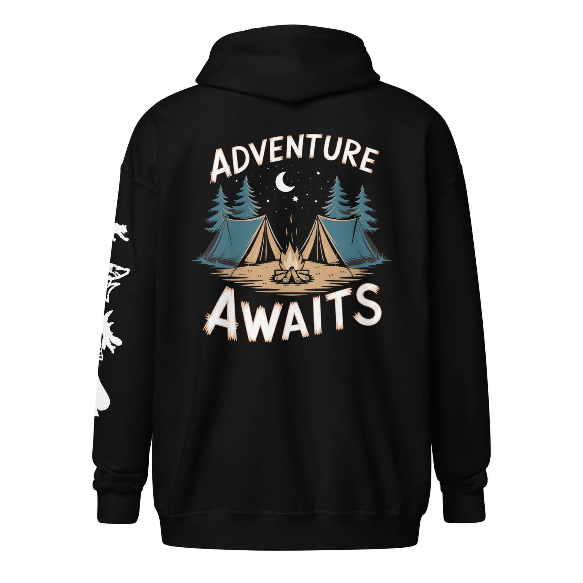 Adult Unisex Heavy Blend Zip Hoodie featuring 'Adventure Awaits' graphic design with camping and forest theme.