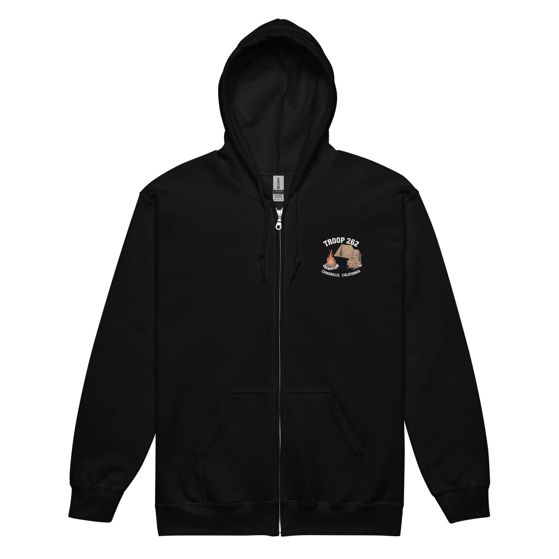 Black zip hoodie featuring Troop 228 camping design, perfect for outdoor adventures and cool evenings.