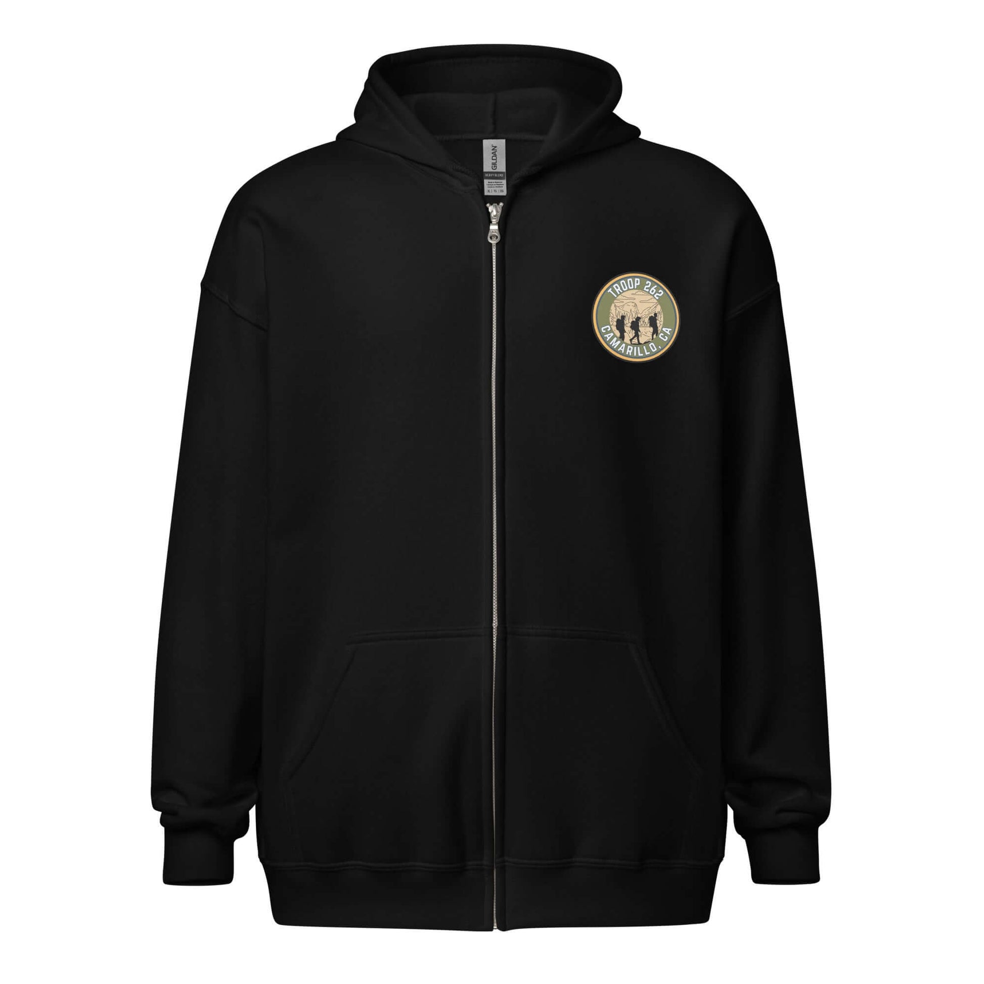 Black unisex zip hoodie with front pockets and hiking graphic, perfect for outdoor adventures.