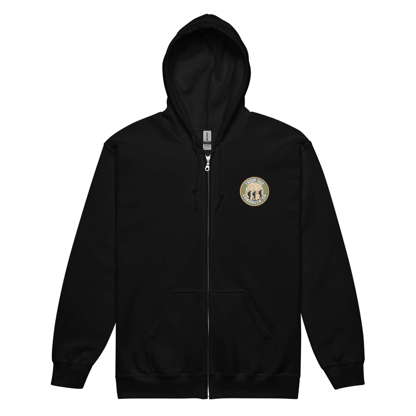 Black adult unisex heavy blend zip hoodie with front pockets and logo, ideal for casual wear and hiking.