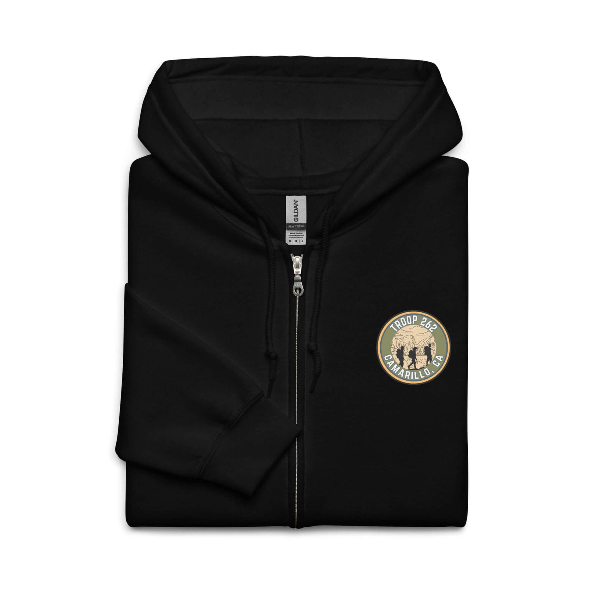 Black adult unisex zip hoodie featuring Troop 205 logo, soft fleece, and convenient front pockets.