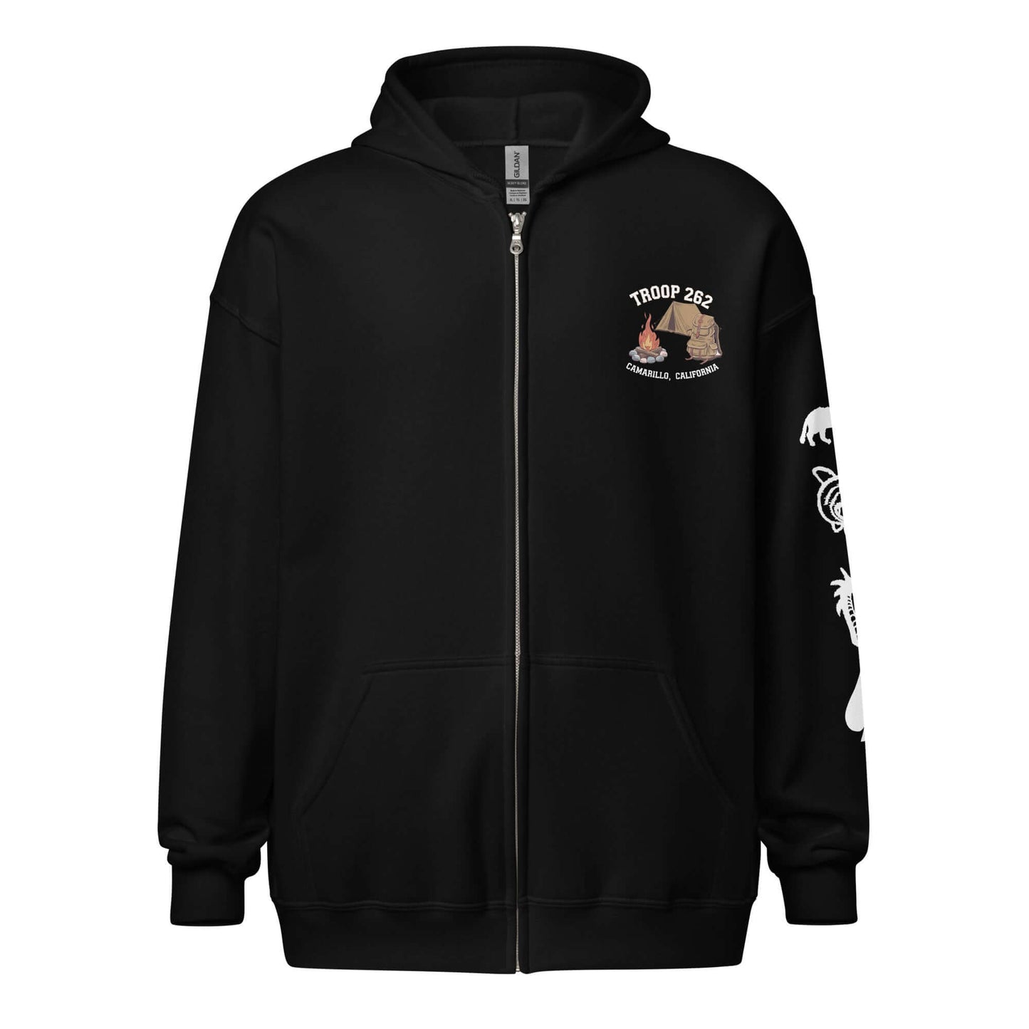 Black zip hoodie with Troop 262 design, ideal for camping and outdoor activities.