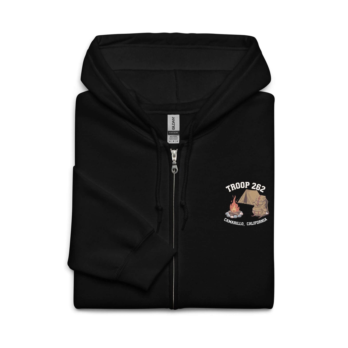 Adult unisex heavy blend zip hoodie in black featuring Troop 262 design for camping enthusiasts.